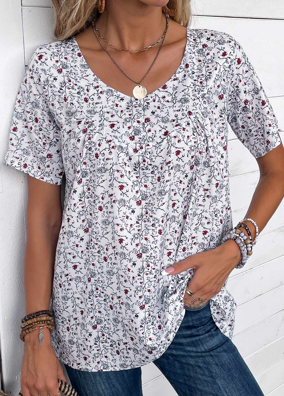 Bleaching White Ruched Ditsy Floral Print T Shirt | modlily.com - USD 25.98
