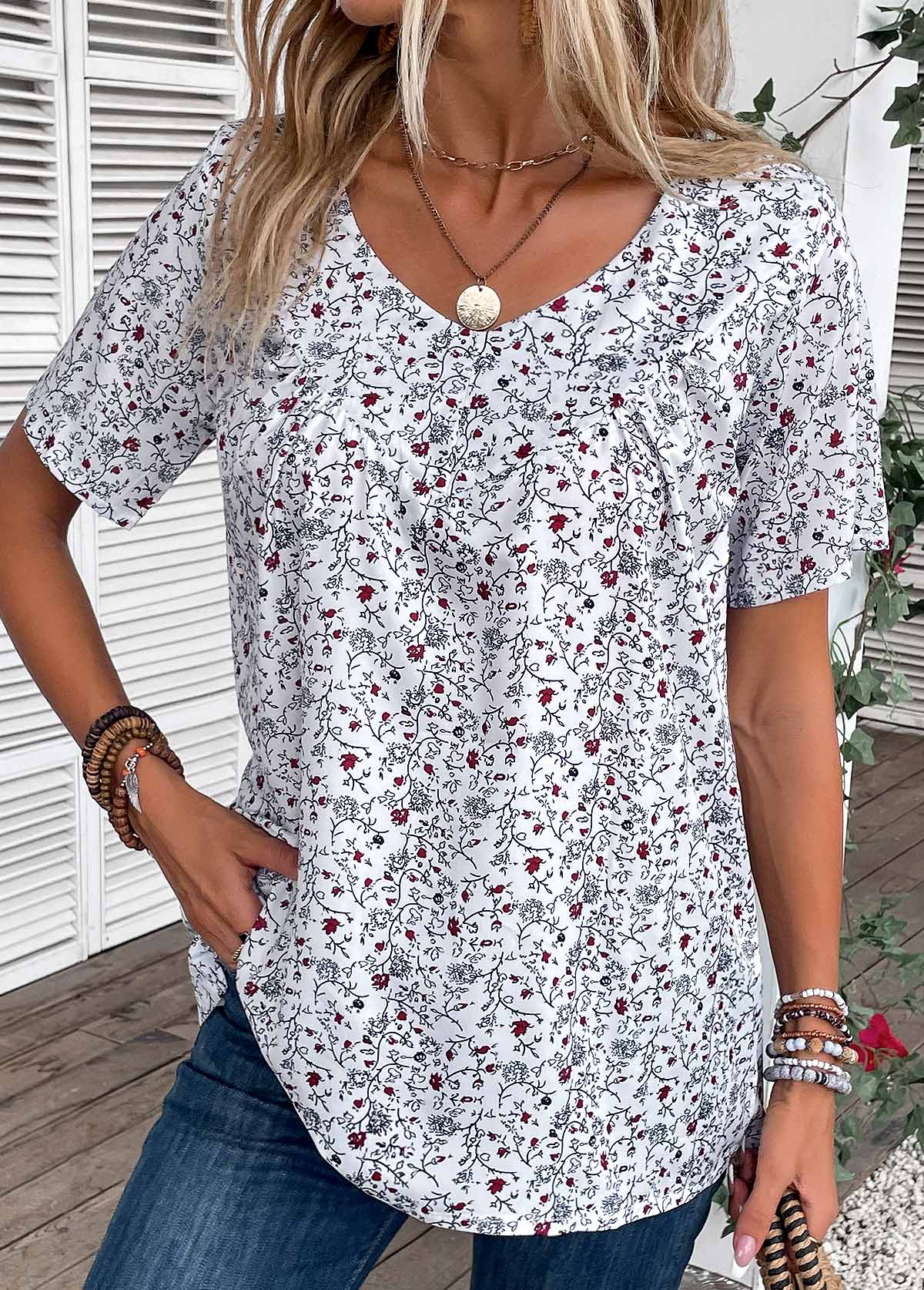 Bleaching White Ruched Ditsy Floral Print T Shirt
