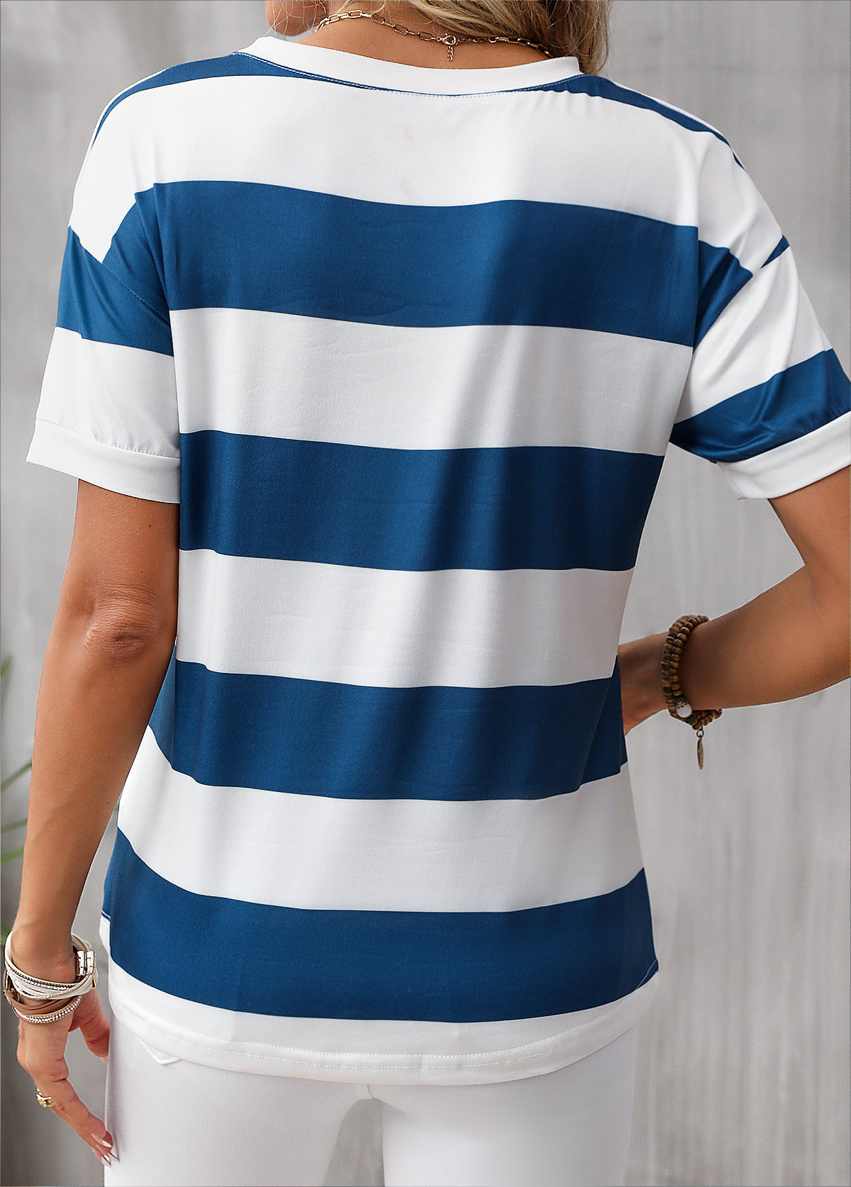 Blue Striped Short Sleeve Round Neck T Shirt