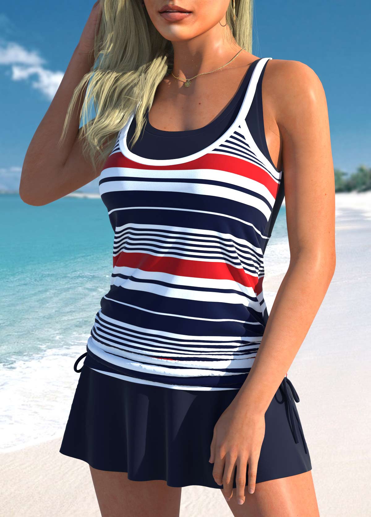 Fake 2in1 High Waisted Striped Navy Tankini Set