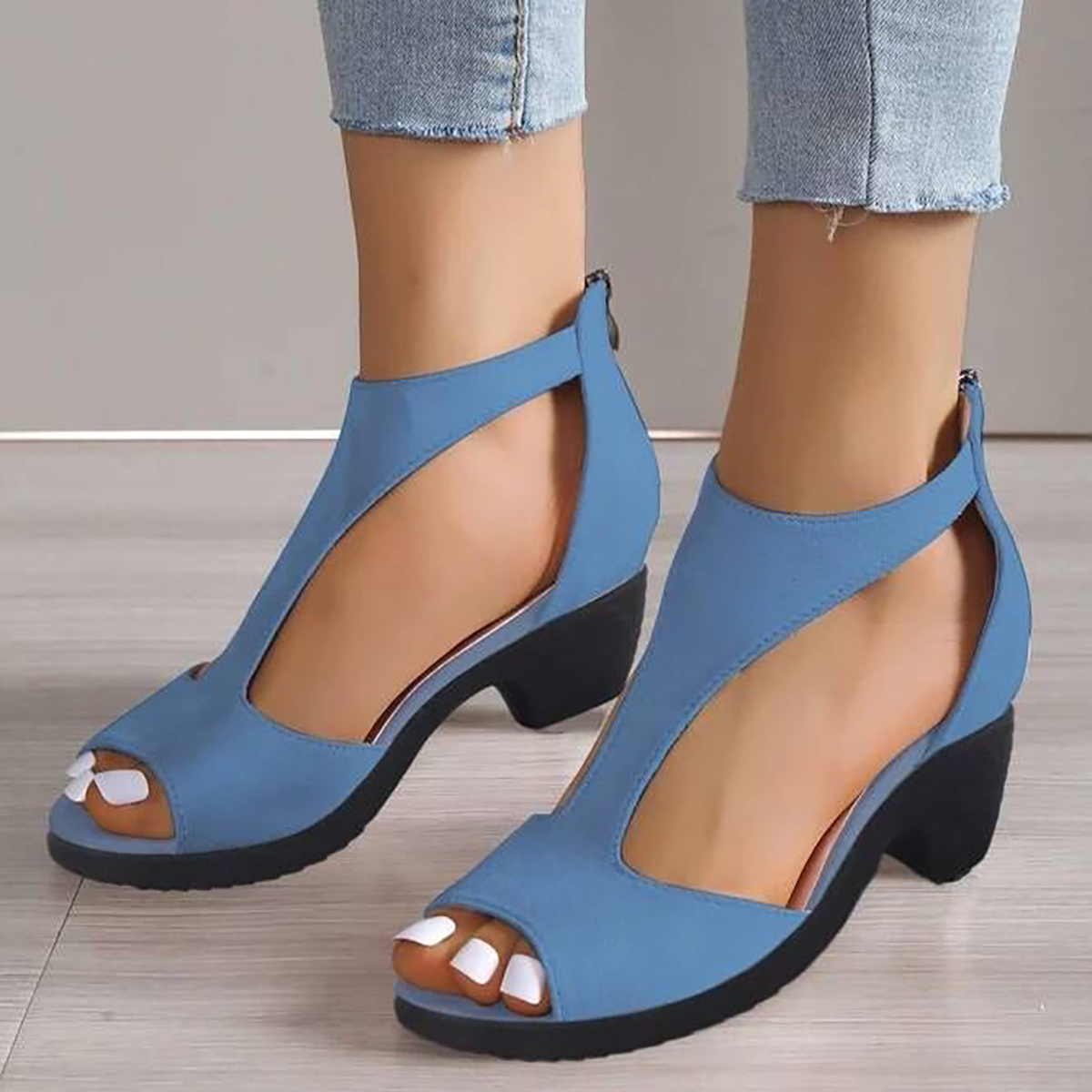 Dusty Blue Peep Toe Mid Heel Sandals