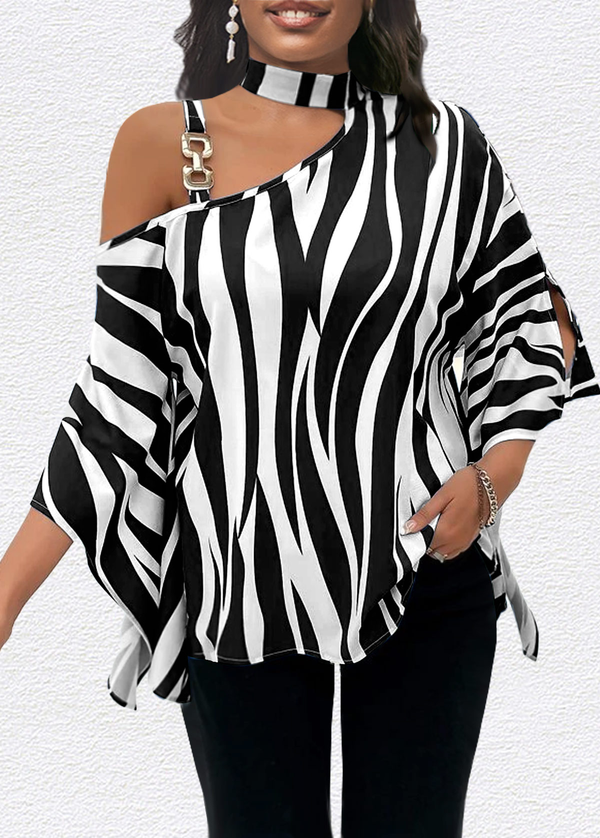 Black Asymmetry Zebra Stripe Print T Shirt