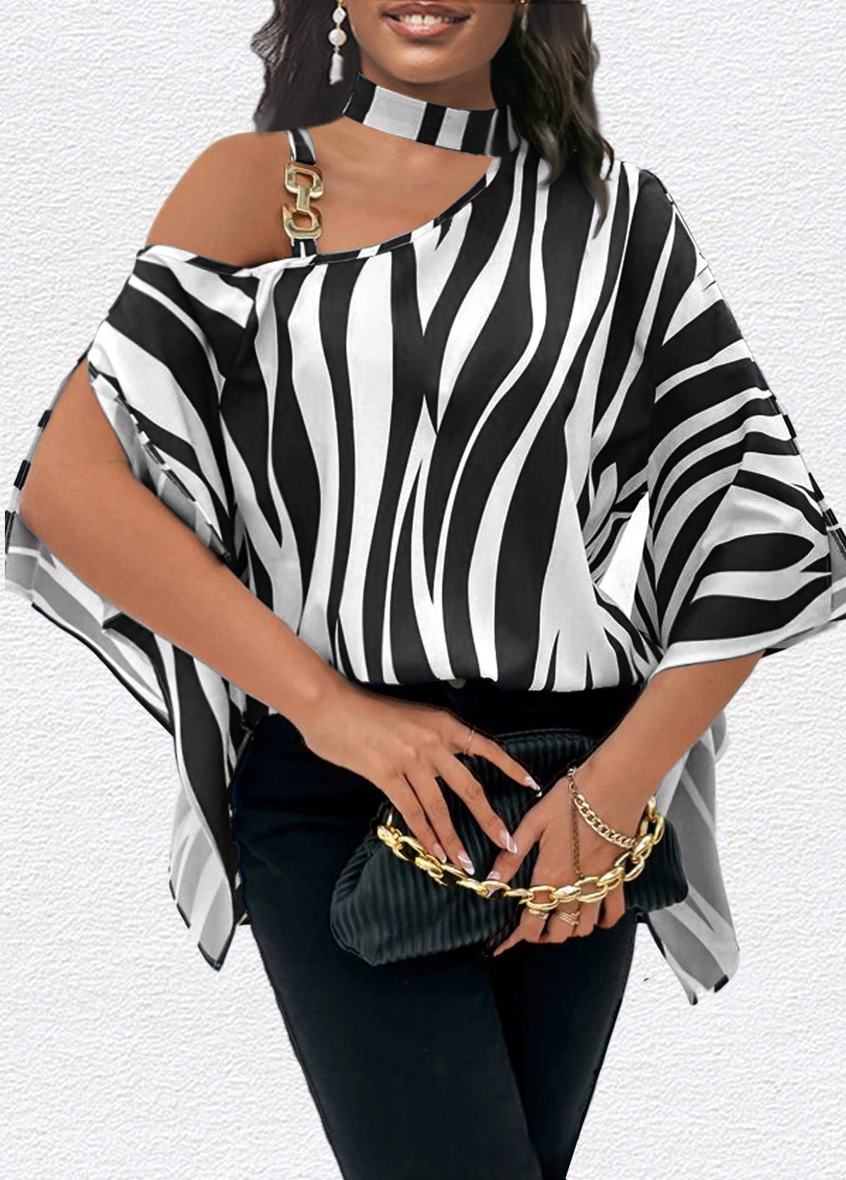 Black Asymmetry Zebra Stripe Print T Shirt