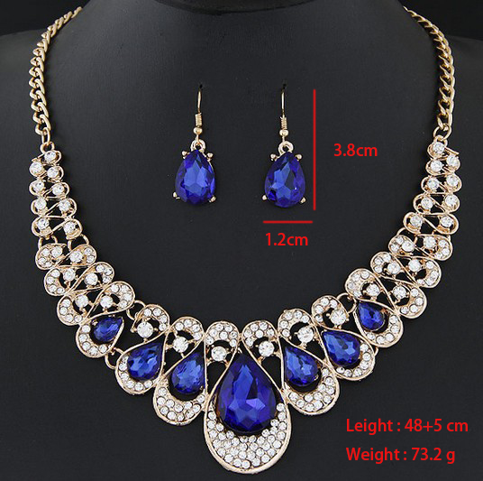 Dark Blue Teardrop Design Rhinestone Earrings and Necklace