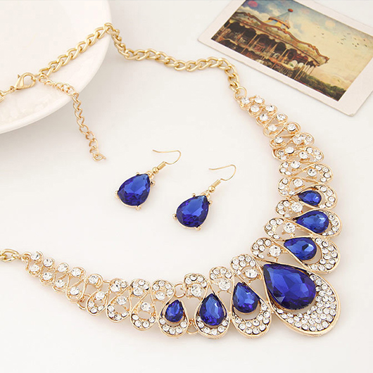 Dark Blue Teardrop Design Rhinestone Earrings and Necklace