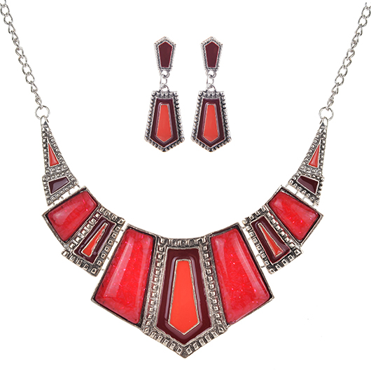 Red Retro Geometric Design Necklace and Earrings