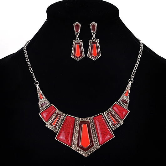 Red Retro Geometric Design Necklace and Earrings