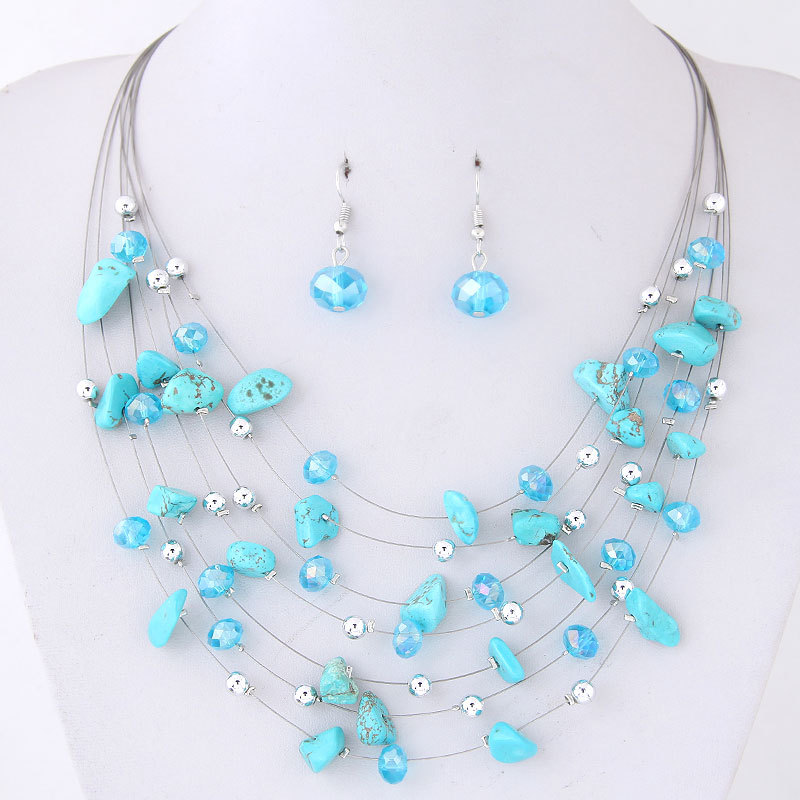 Layered Design Beads Blue Necklace and Earrings