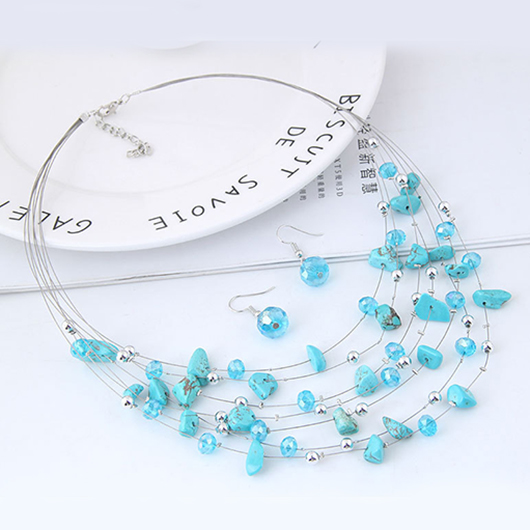 Layered Design Beads Blue Necklace and Earrings