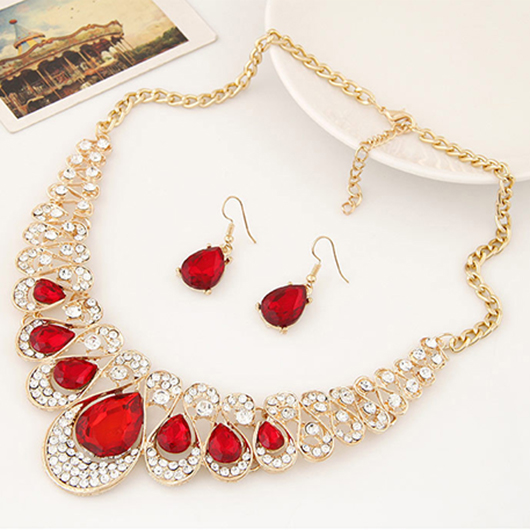 Alloy Detail Red Necklace and Earrings