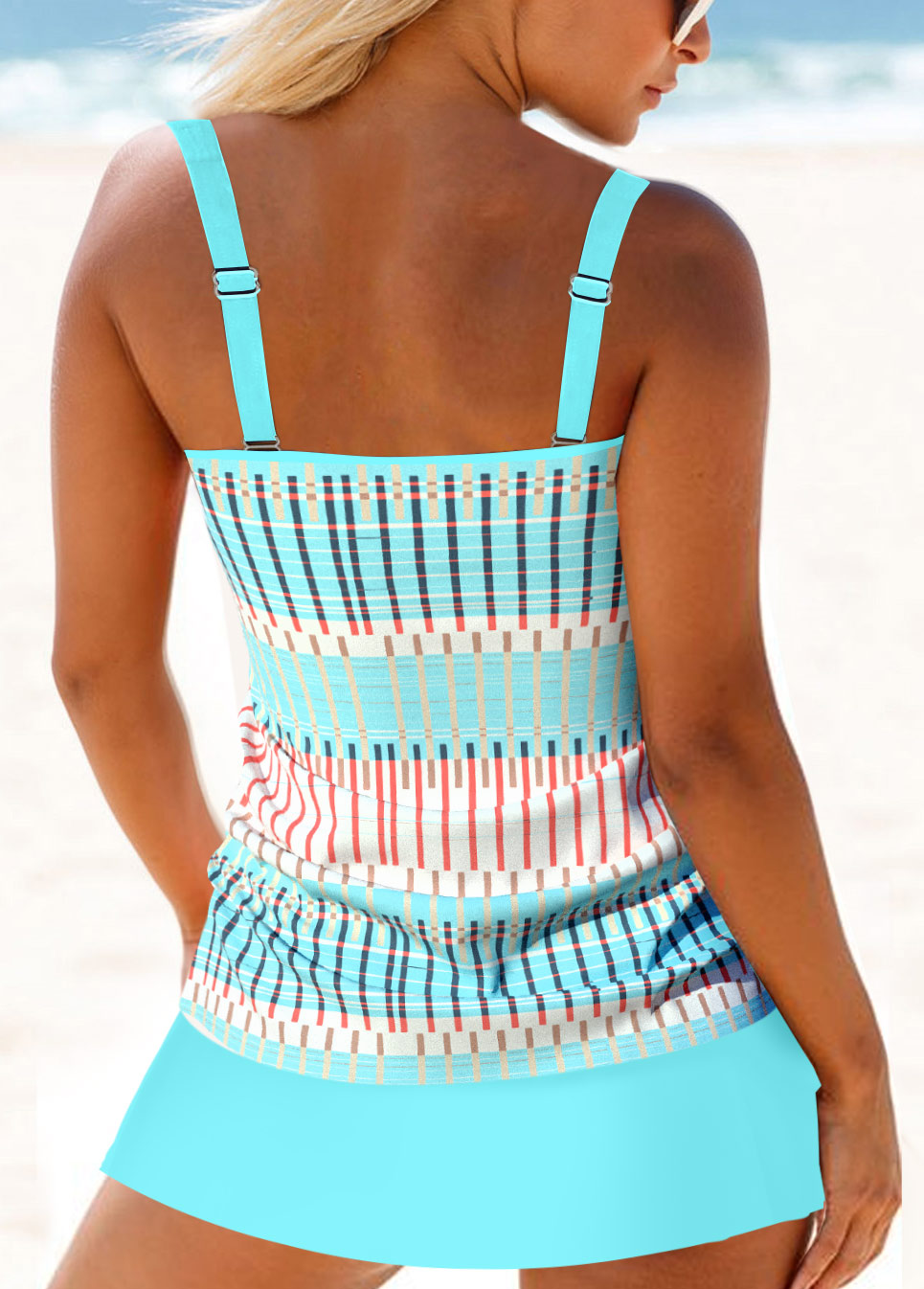 Drawstring Mid Waisted Geometric Print Tankini Set | picture 