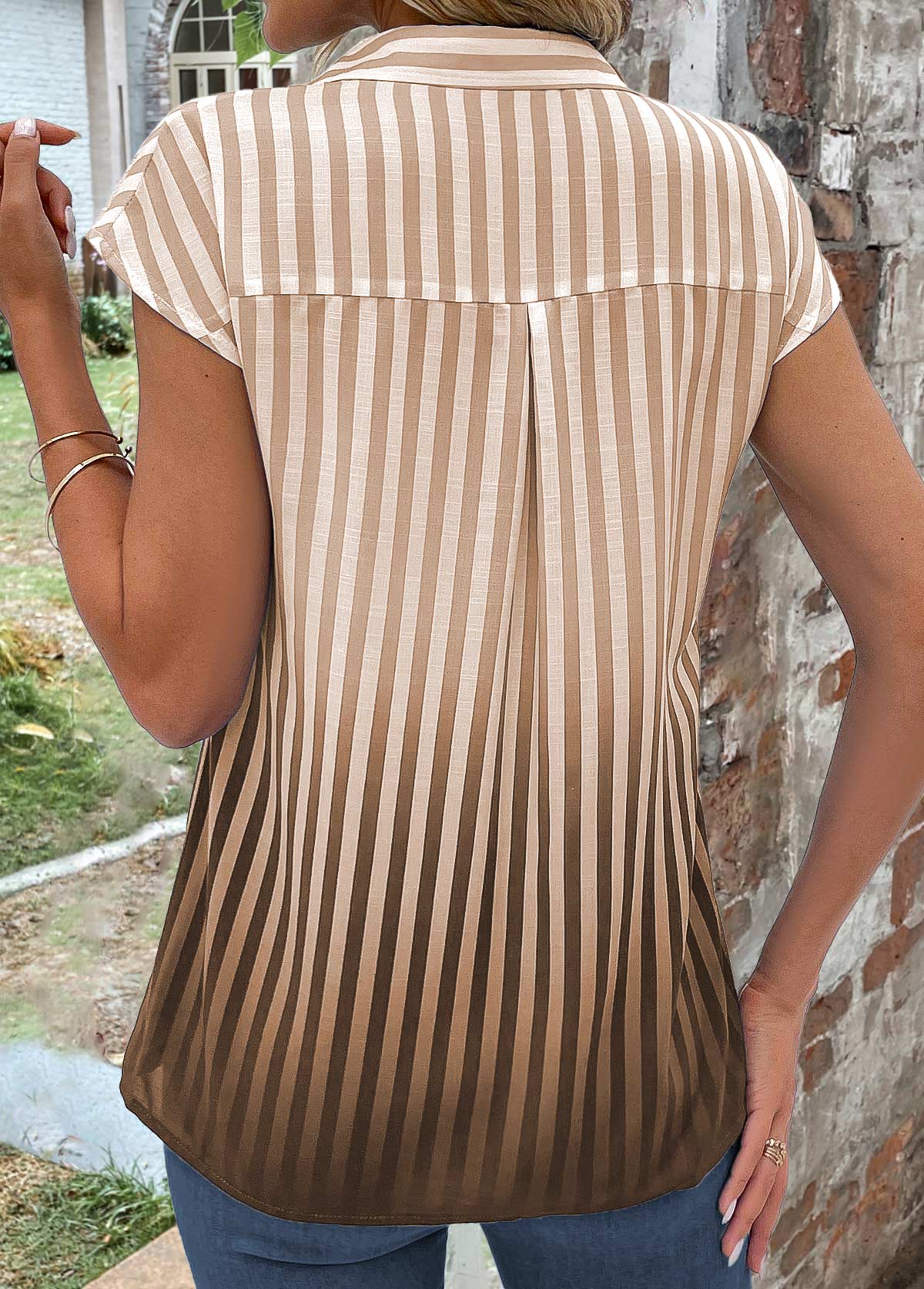 Light Coffee Button Ombre Short Sleeve Blouse