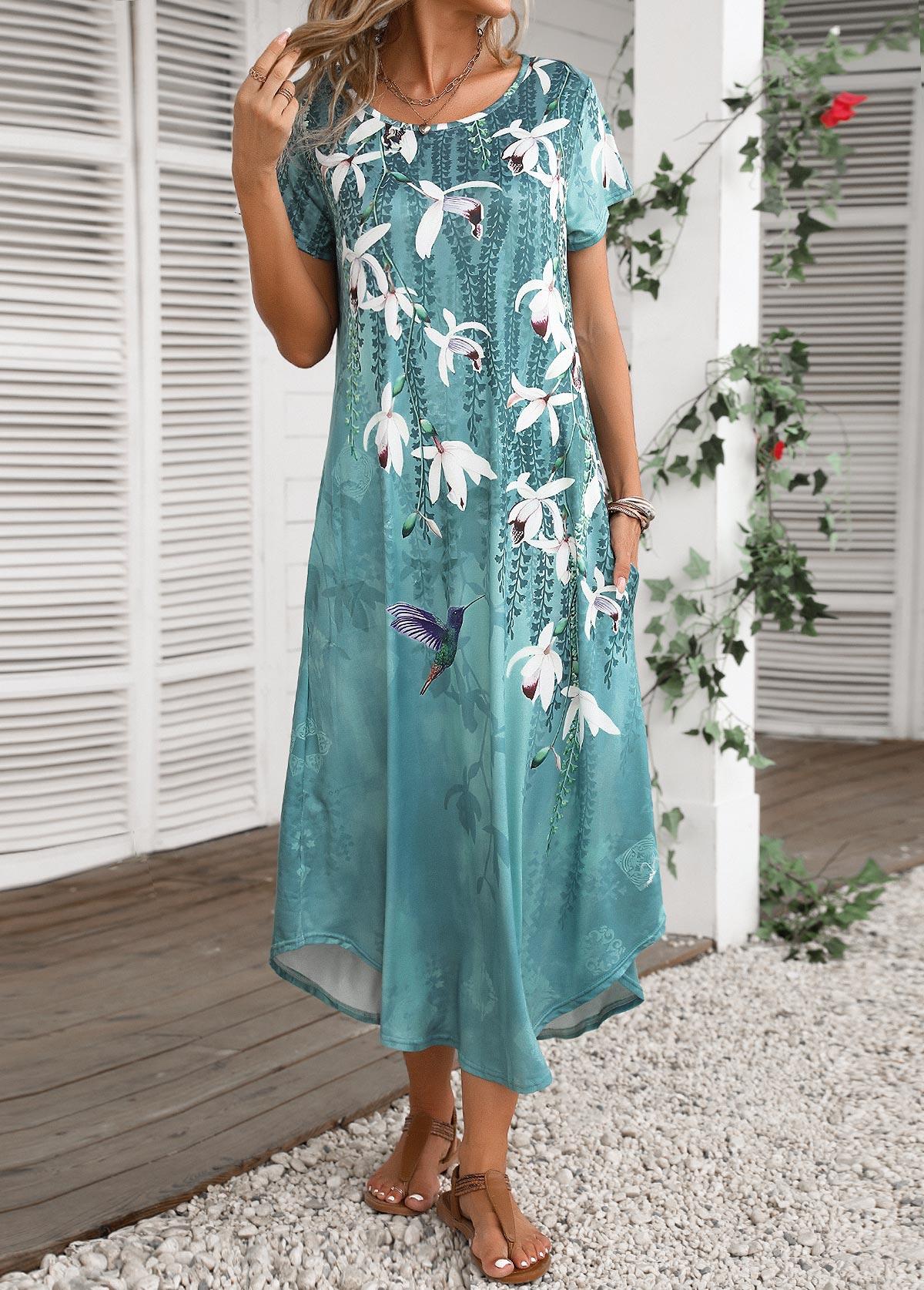 Turquoise Pocket Floral Print Shift Dress | modlily.com - USD 28.98