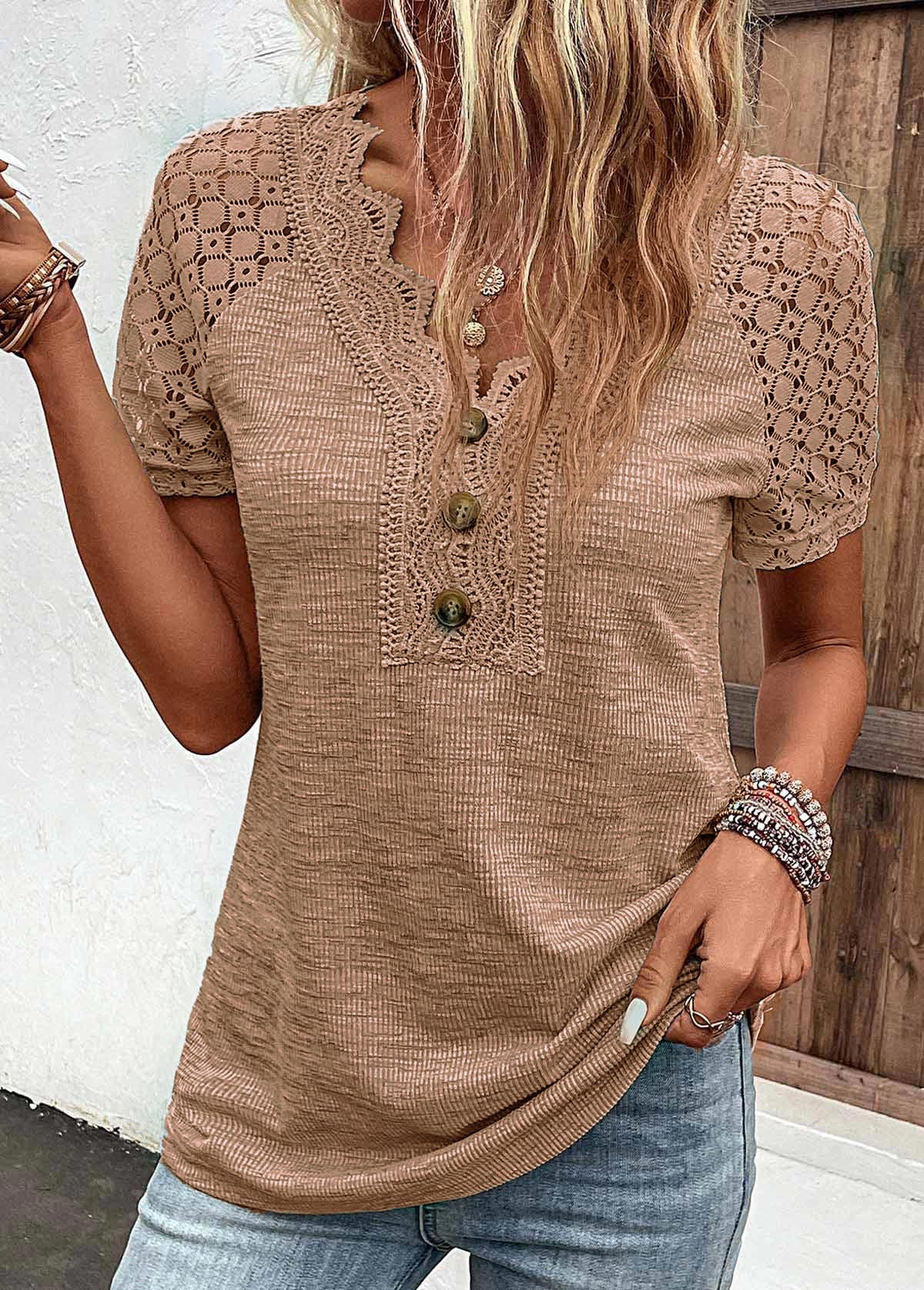 Dark Camel Lace Short Sleeve T Shirt | picture 