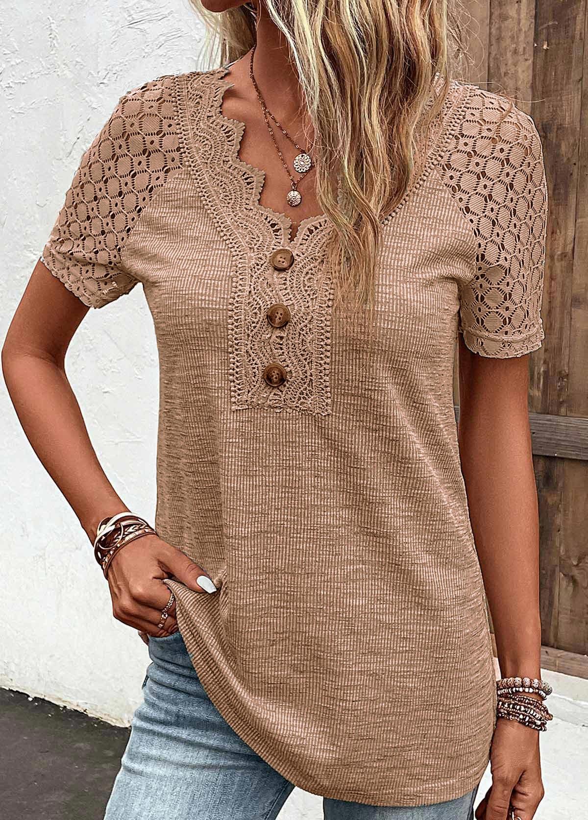 Dark Camel Lace Short Sleeve T Shirt | picture 