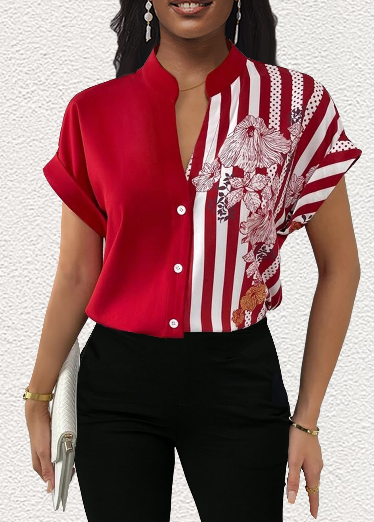 Red Patchwork Floral Print Short Sleeve Blouse