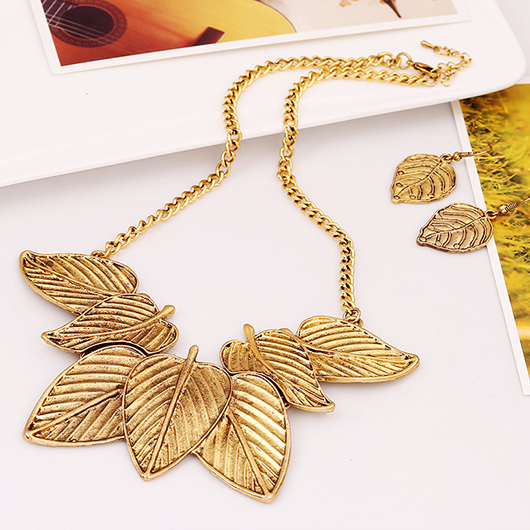 Gold Leaf Design Necklace and Earrings