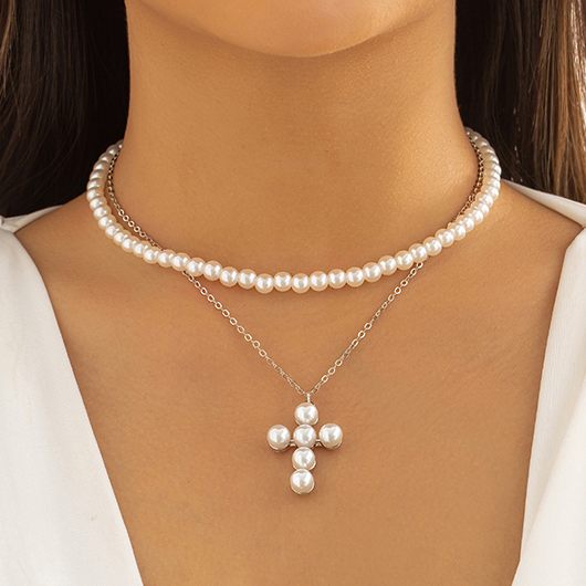 Silvery White Cross Pearl Layered Necklace