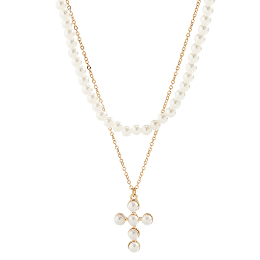Silvery White Cross Pearl Layered Necklace