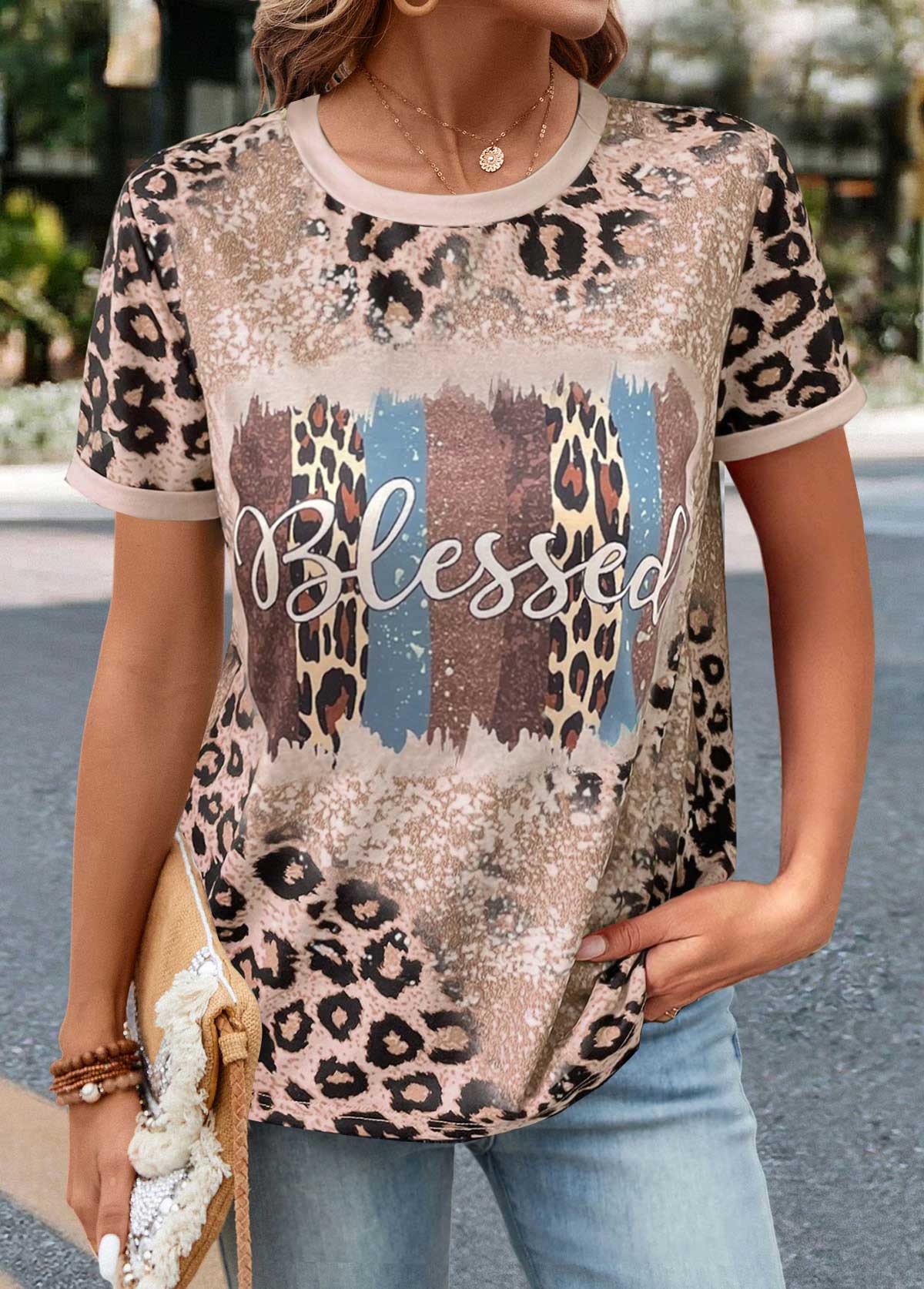 Light Camel Patchwork Leopard Short Sleeve T Shirt | picture 