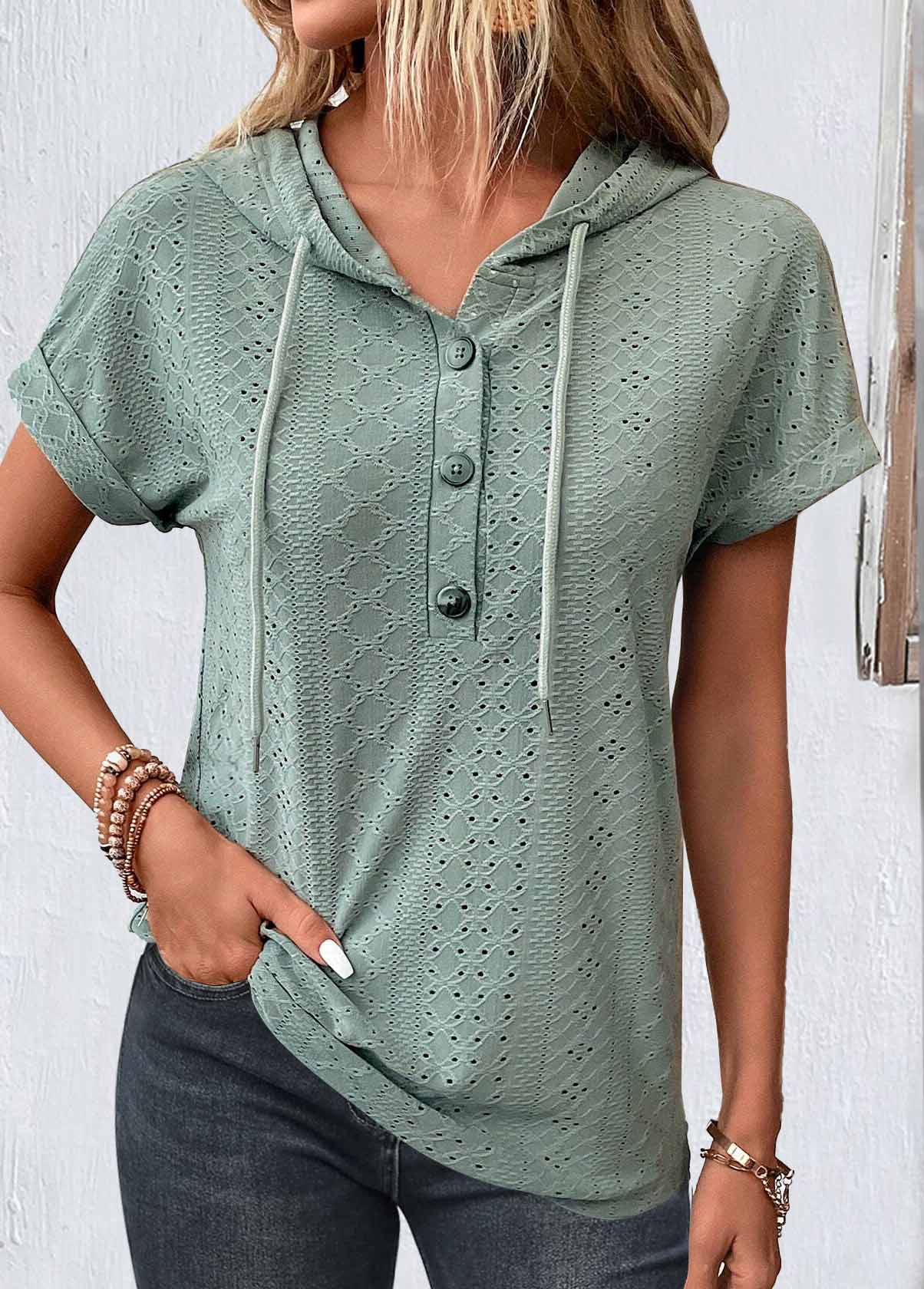 Sage Green Button Short Sleeve Hooded Blouse