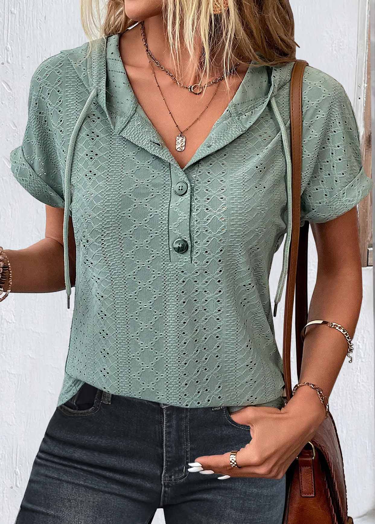 Sage Green Button Short Sleeve Hooded Blouse