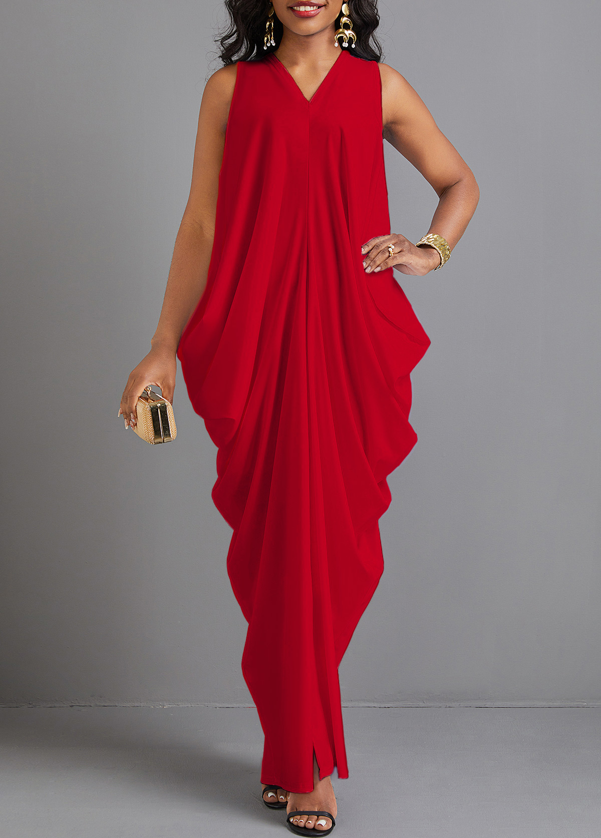 Red Split O Shape Sleeveless Maxi Dress