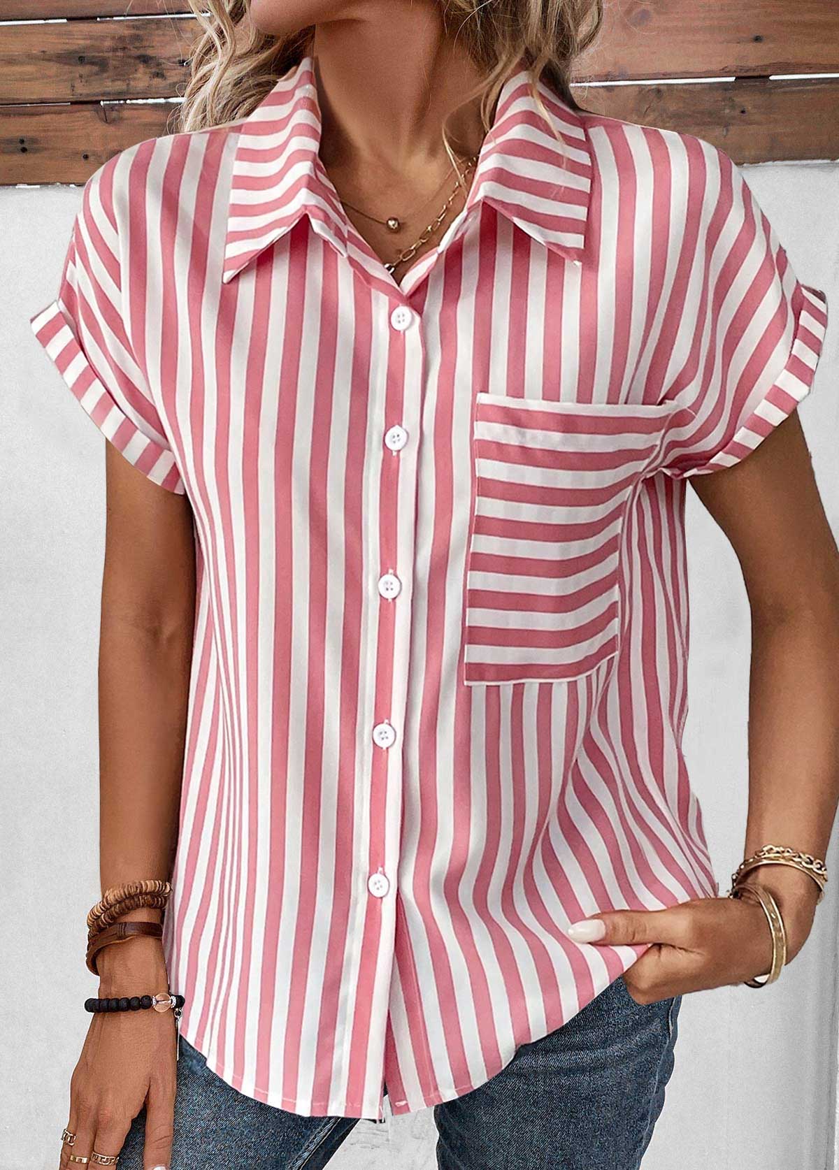 Pink Pocket Striped Short Sleeve Shirt Collar Blouse | picture 