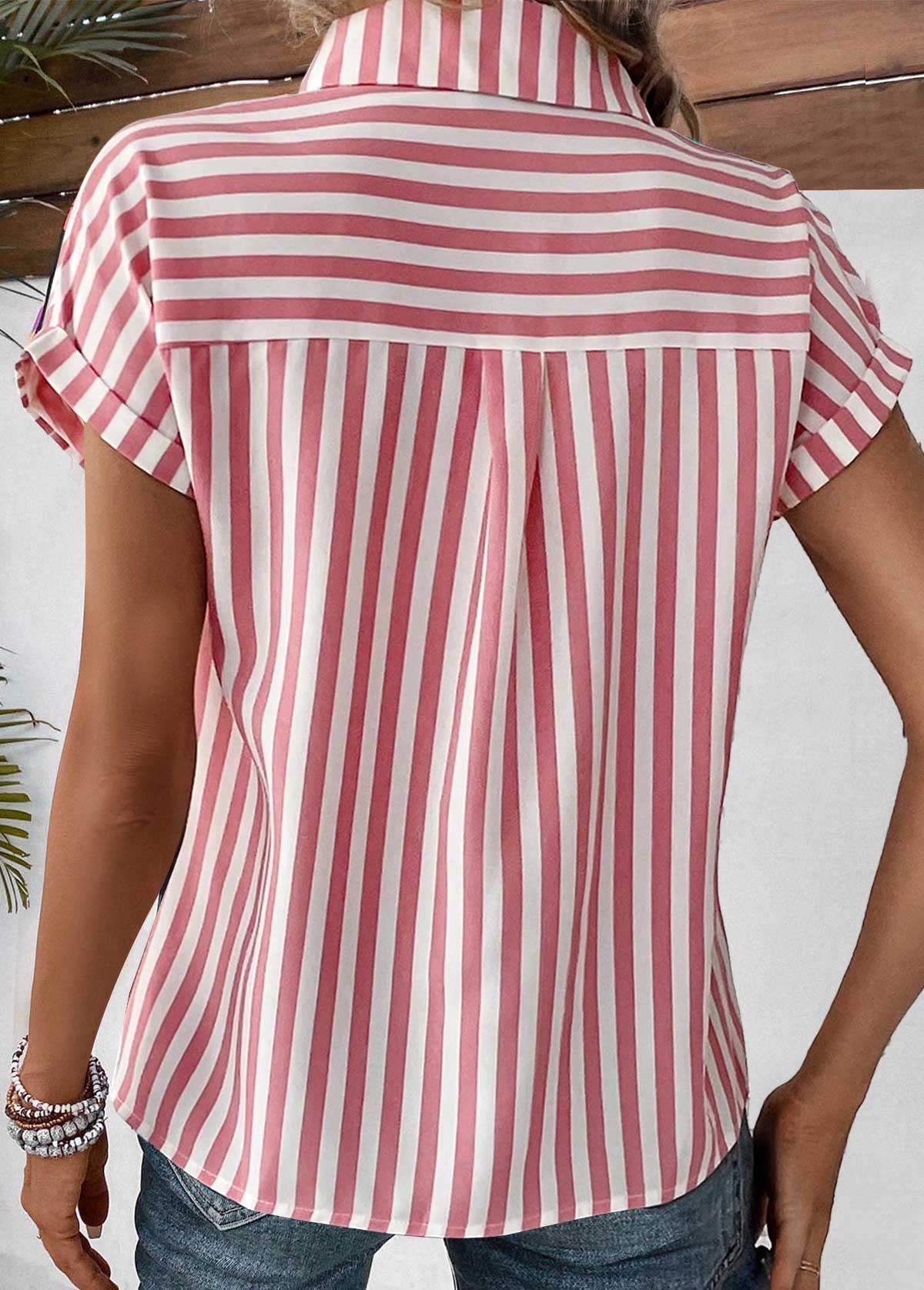 Pink Pocket Striped Short Sleeve Shirt Collar Blouse | picture 