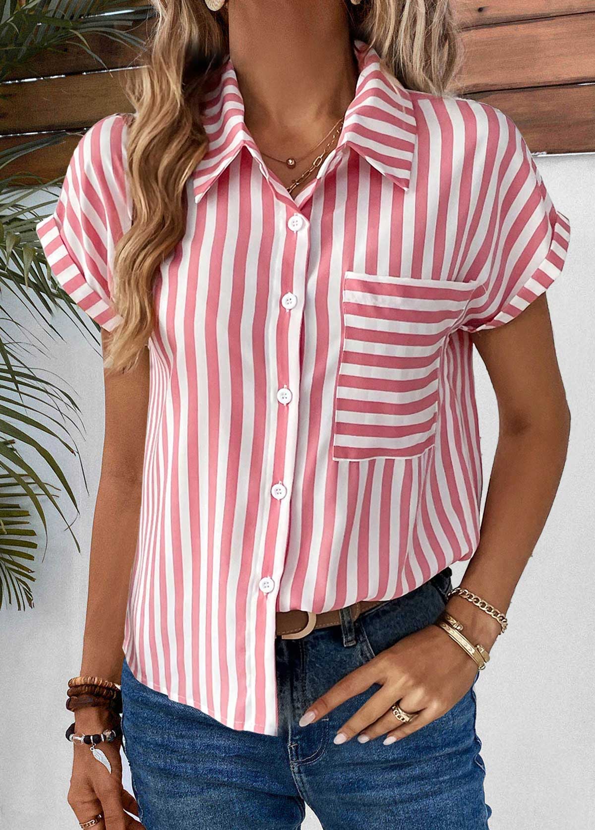 Pink Pocket Striped Short Sleeve Shirt Collar Blouse