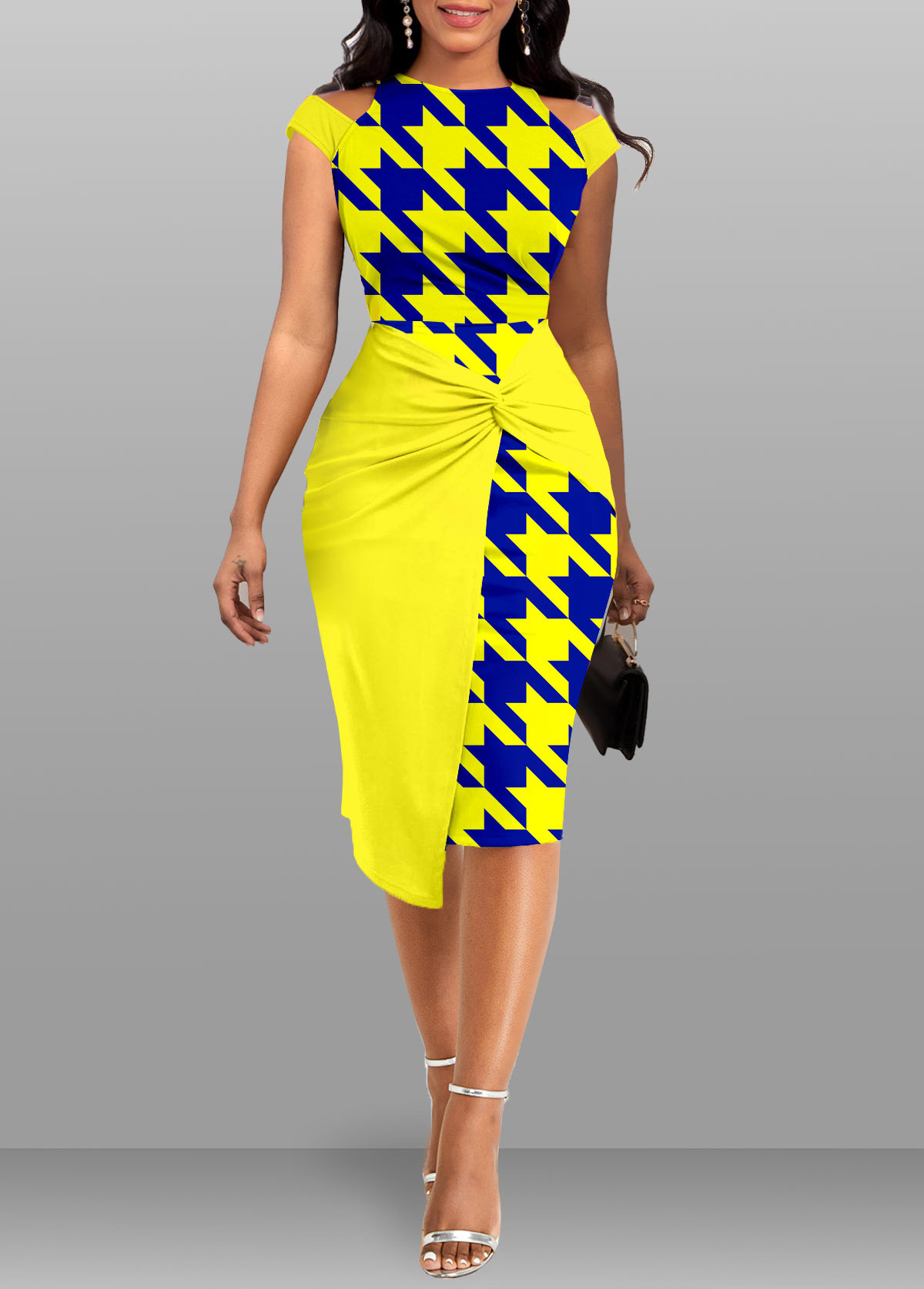 Yellow Twist Geometric Print Bodycon Short Sleeve Dress