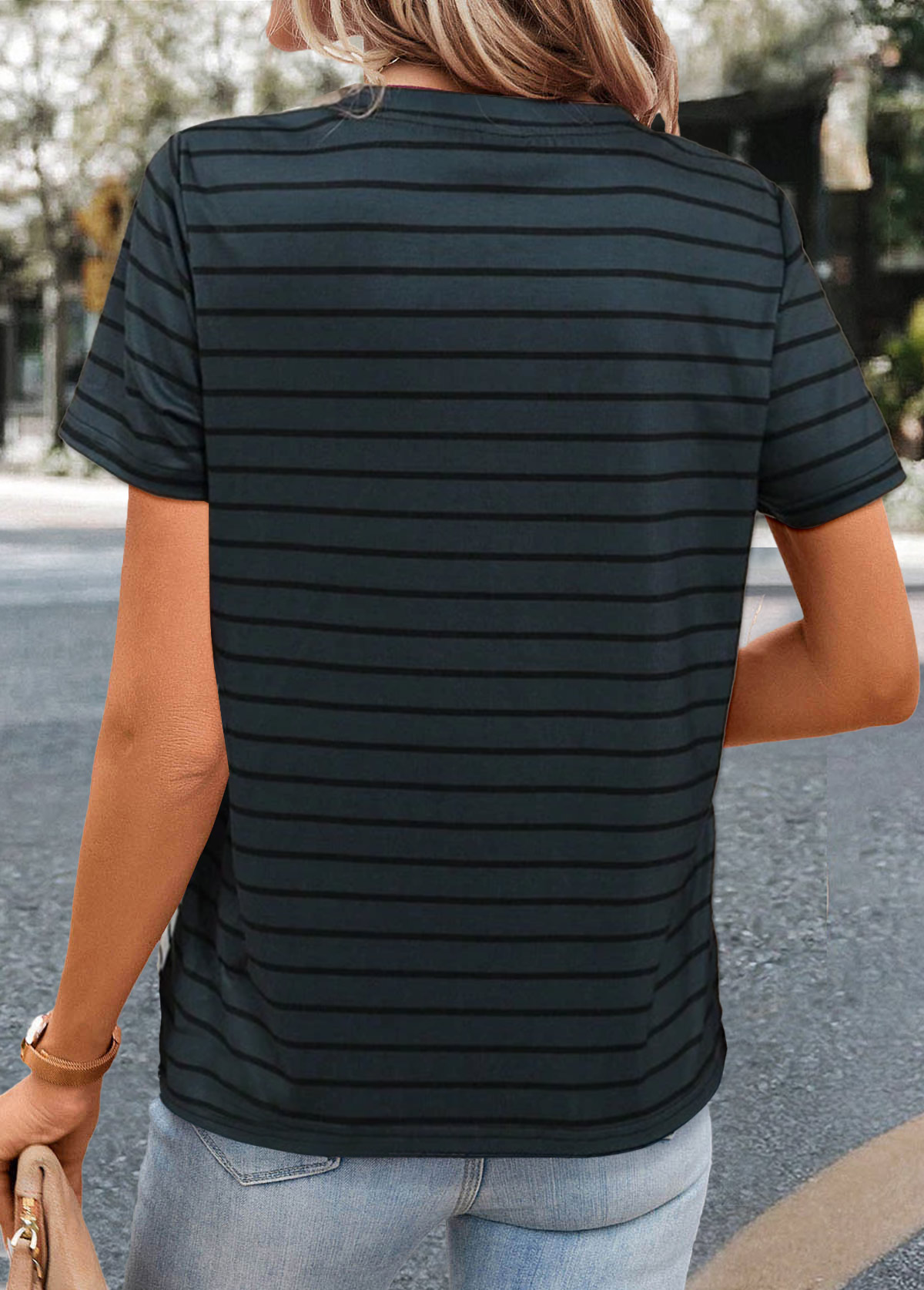 Blackish Green Breathable Striped Short Sleeve T Shirt