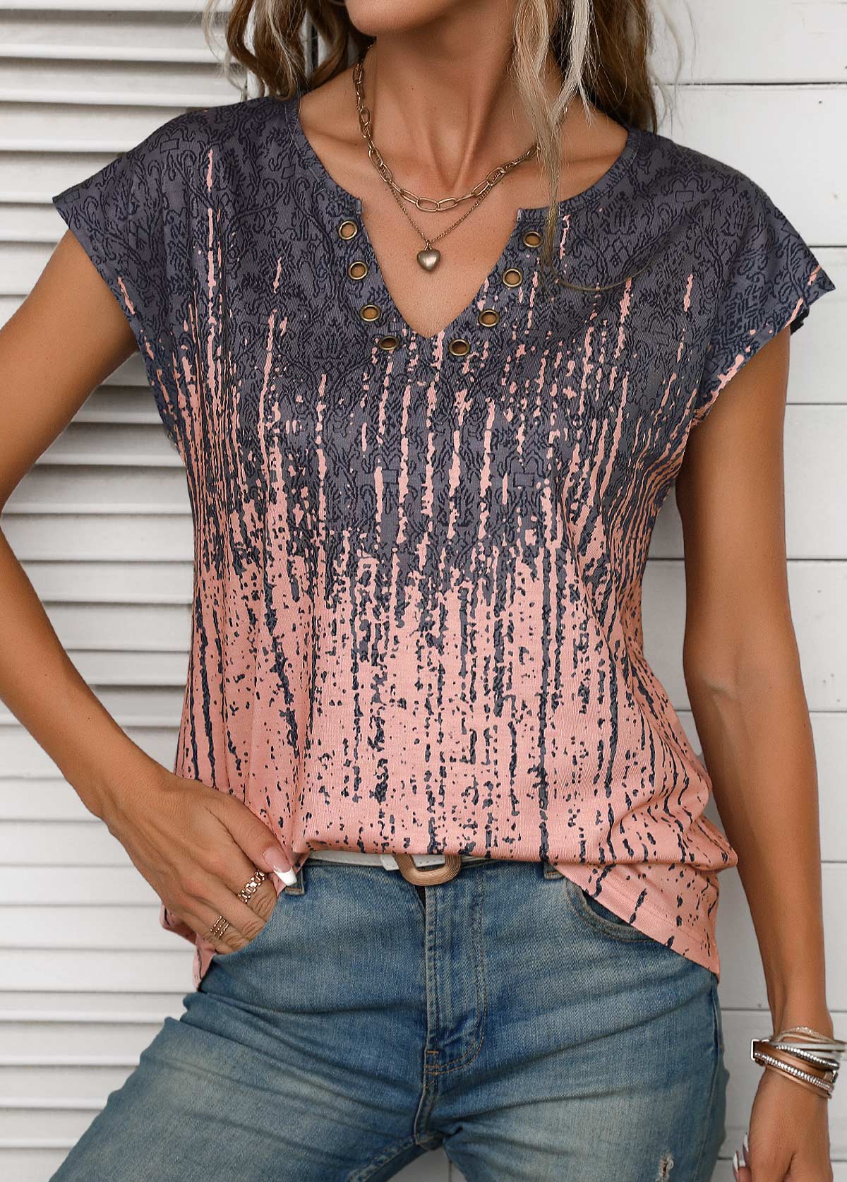 Dusty Pink Grommet Graffiti Print T Shirt | picture 
