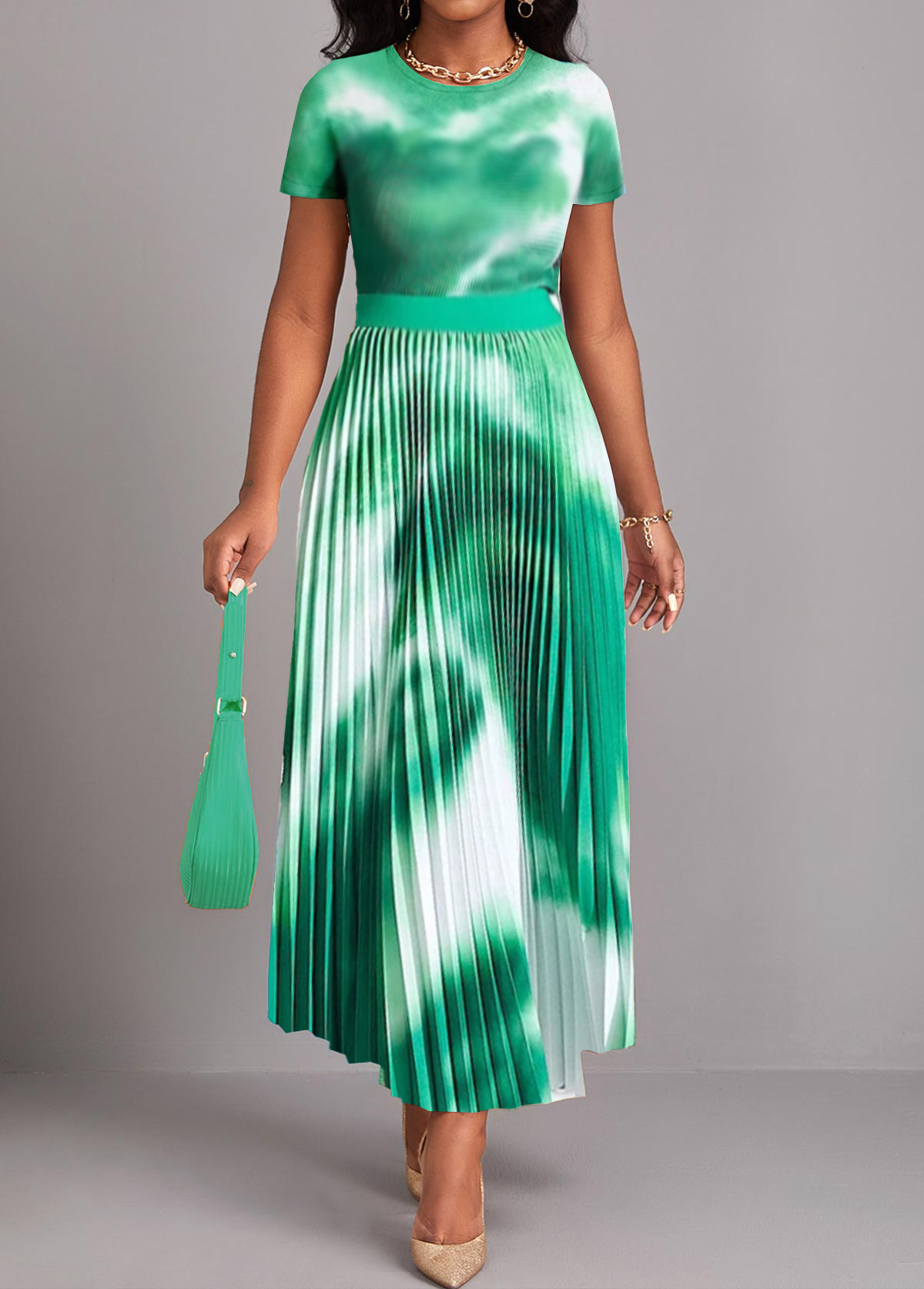 Green Pleated Tie Dye Print Maxi Dress