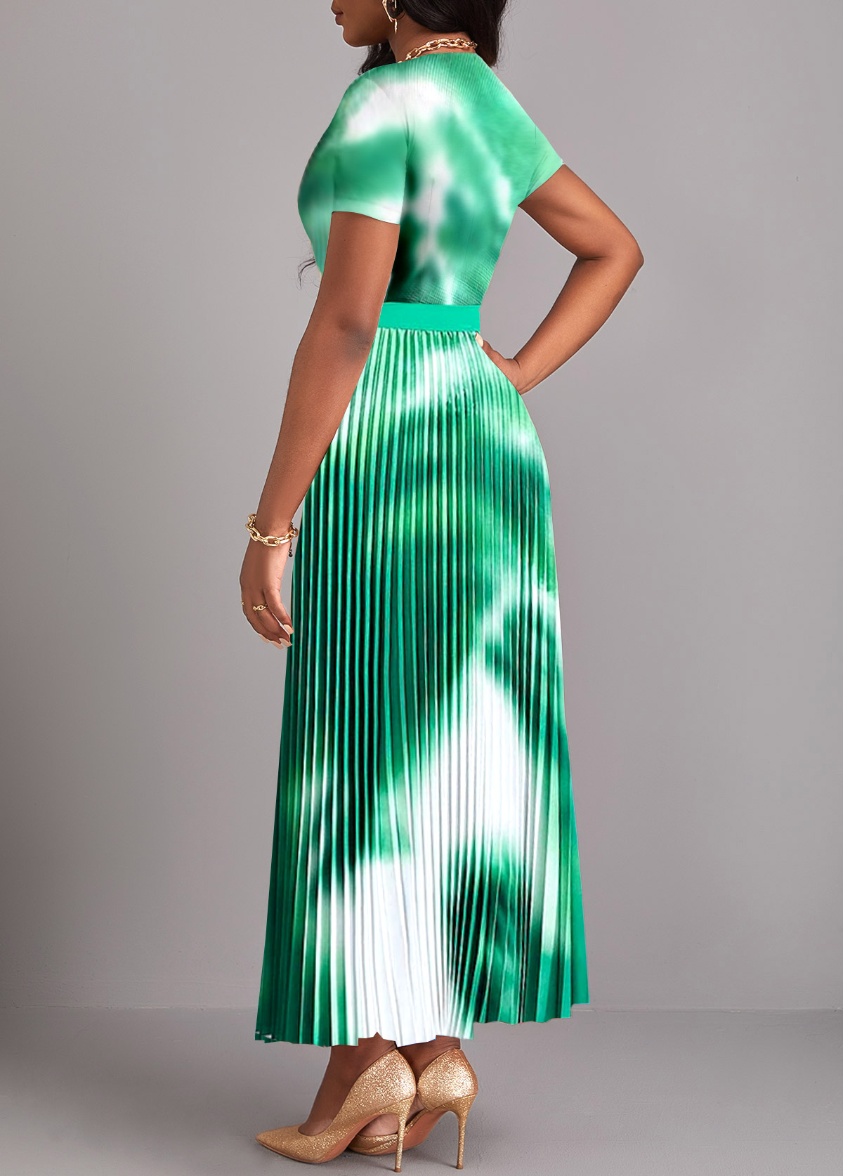 Green Pleated Tie Dye Print Maxi Dress