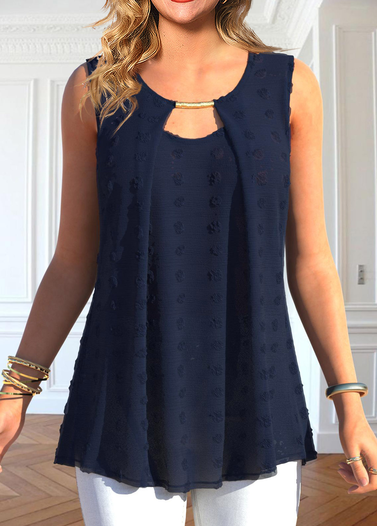 Navy Cut Out Round Neck Tank Top | modlily.com - USD 27.98