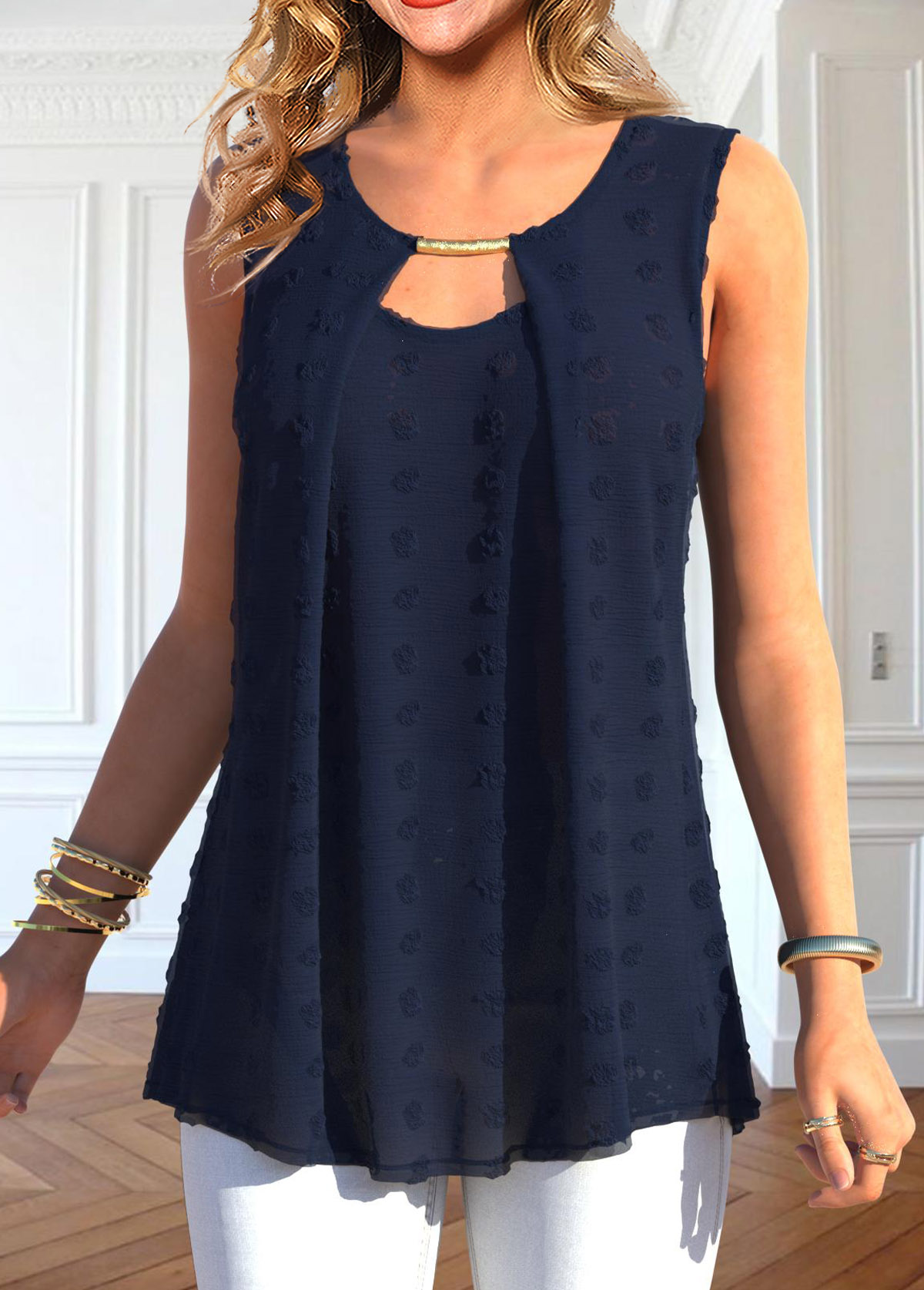 Navy Cut Out Round Neck Tank Top