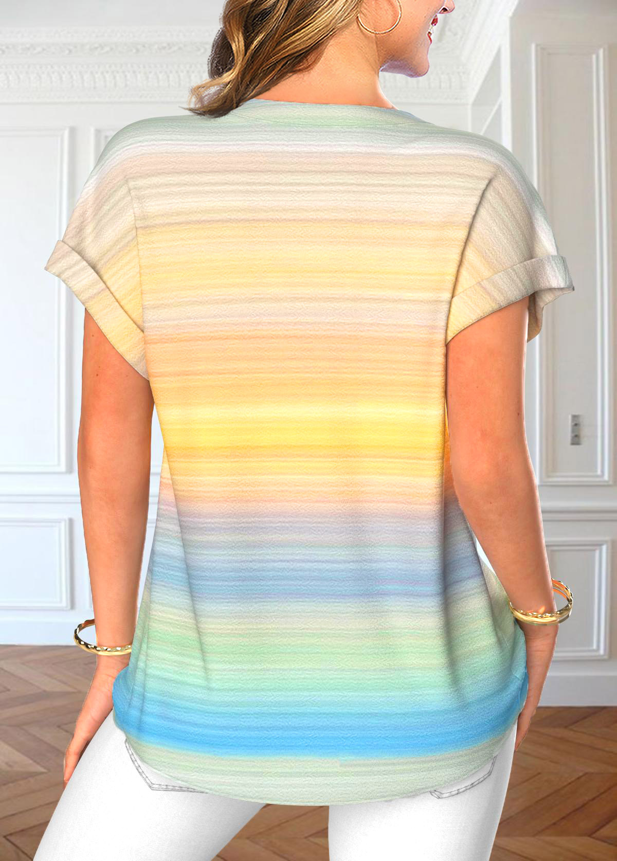 Rainbow Color Button Ombre Short Sleeve Blouse