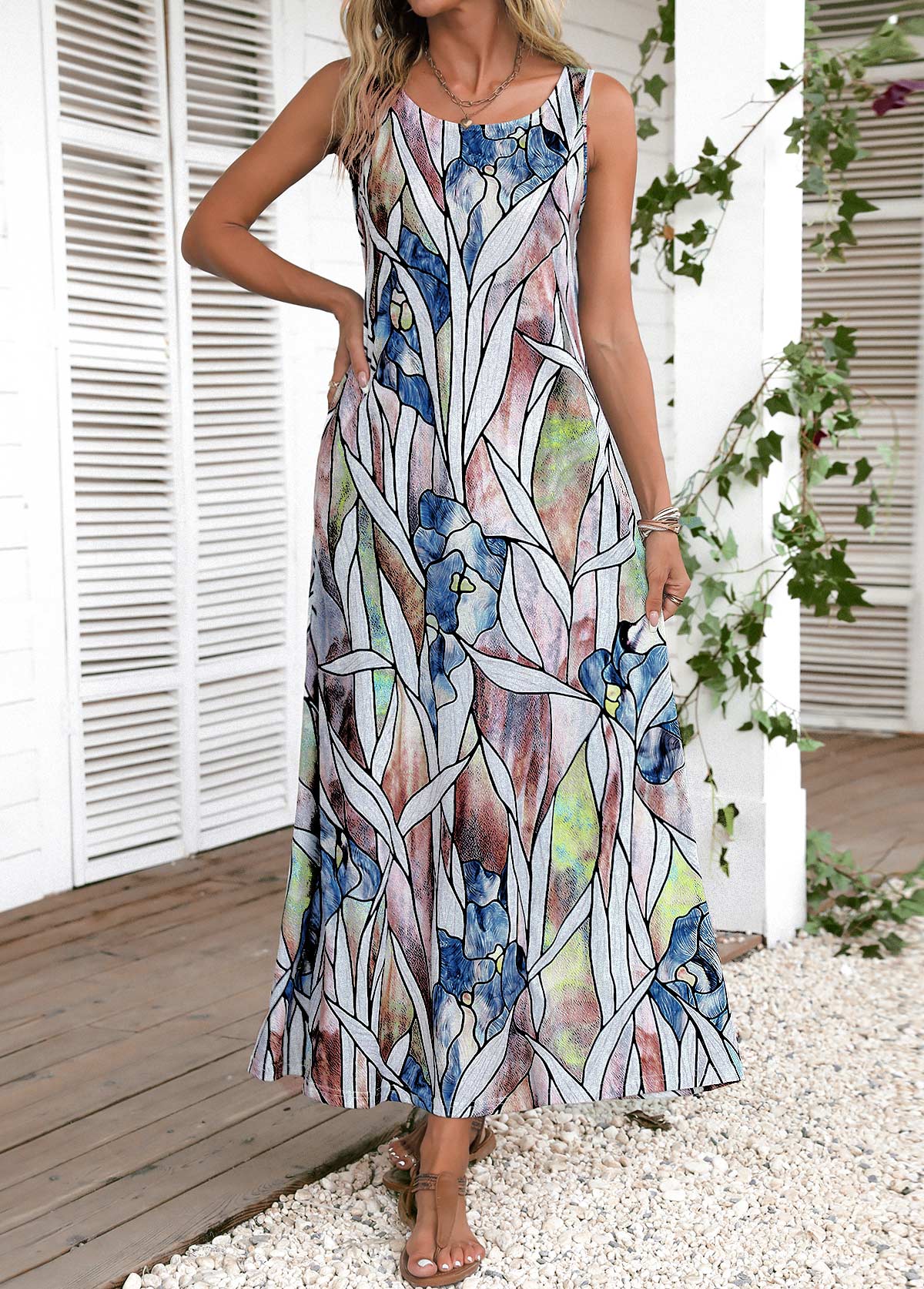 Multi Color Leaf Print Maxi Dress