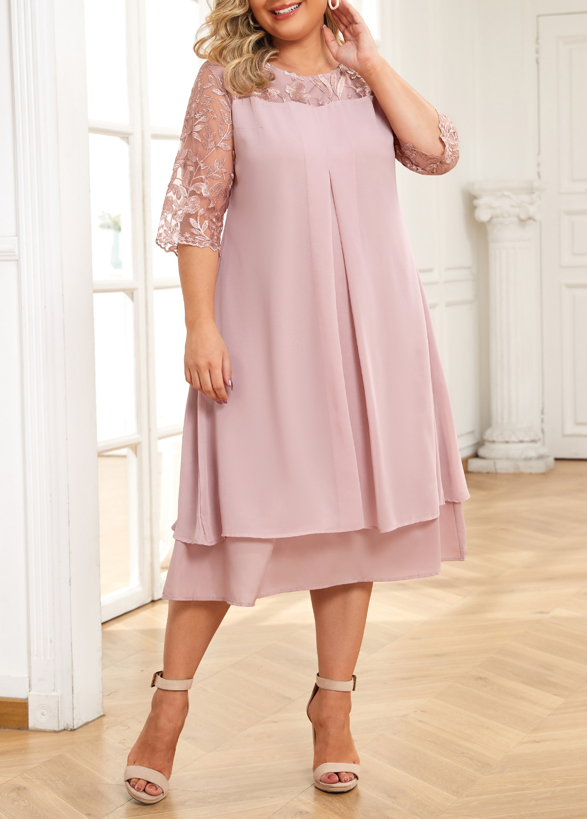 Light Pink Embroidery Plus Size A Line Dress