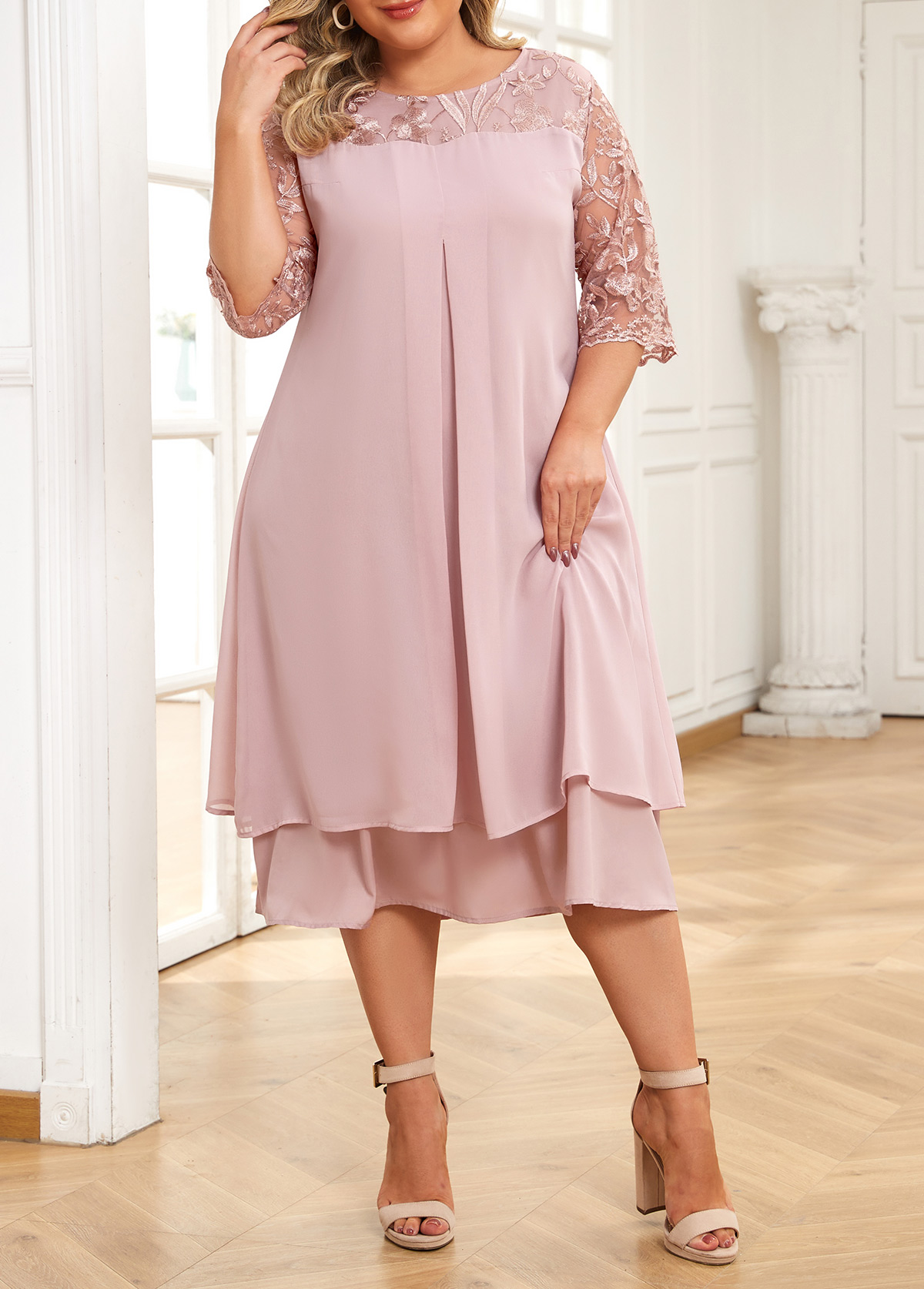 Light Pink Embroidery Plus Size A Line Dress