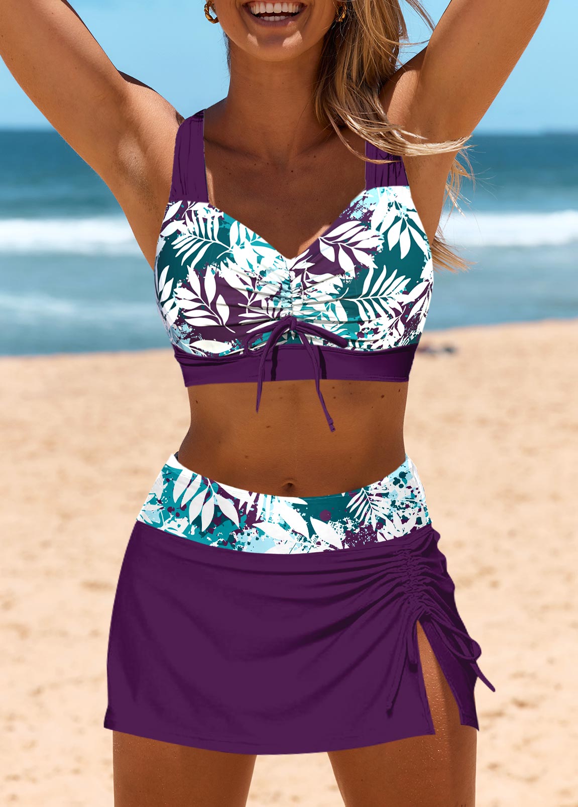 Drawstring Mid Waisted Leaf Print Purple Bikini Set