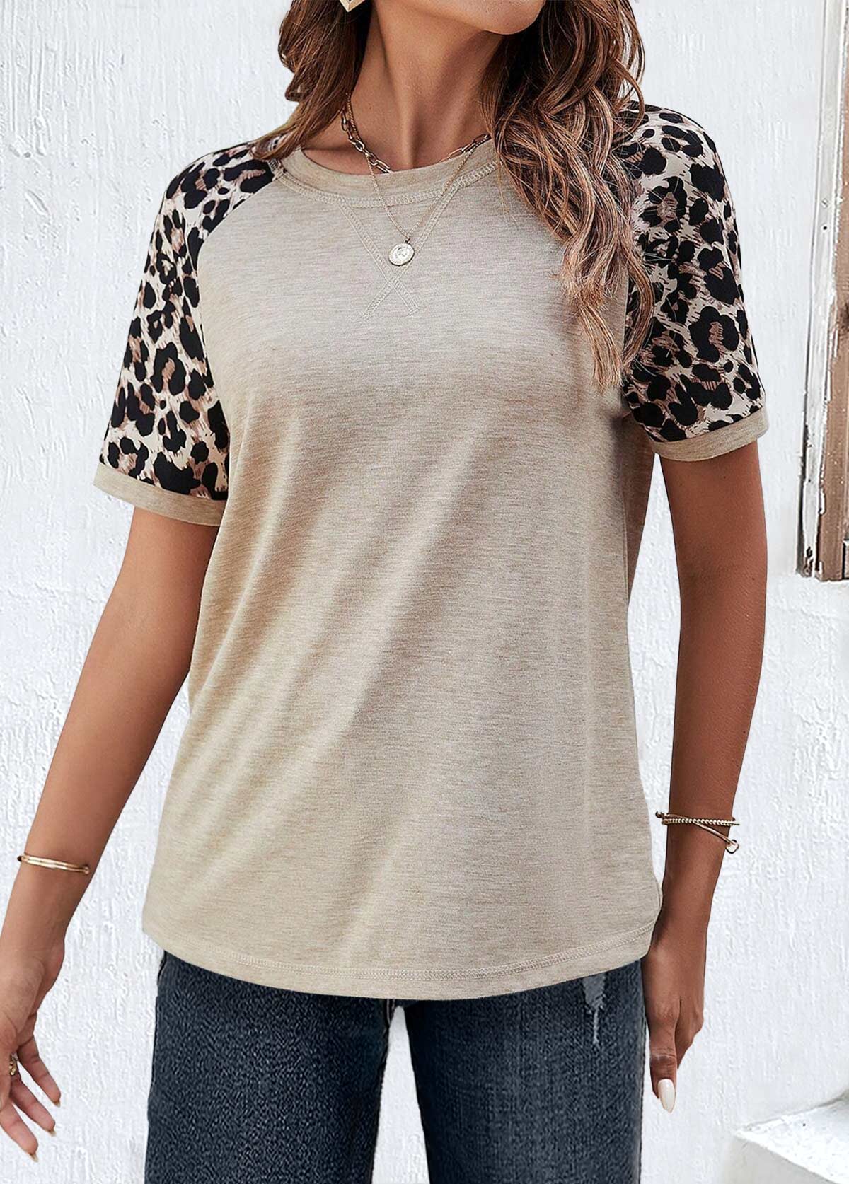 Light Camel Patchwork Leopard Short Sleeve T Shirt