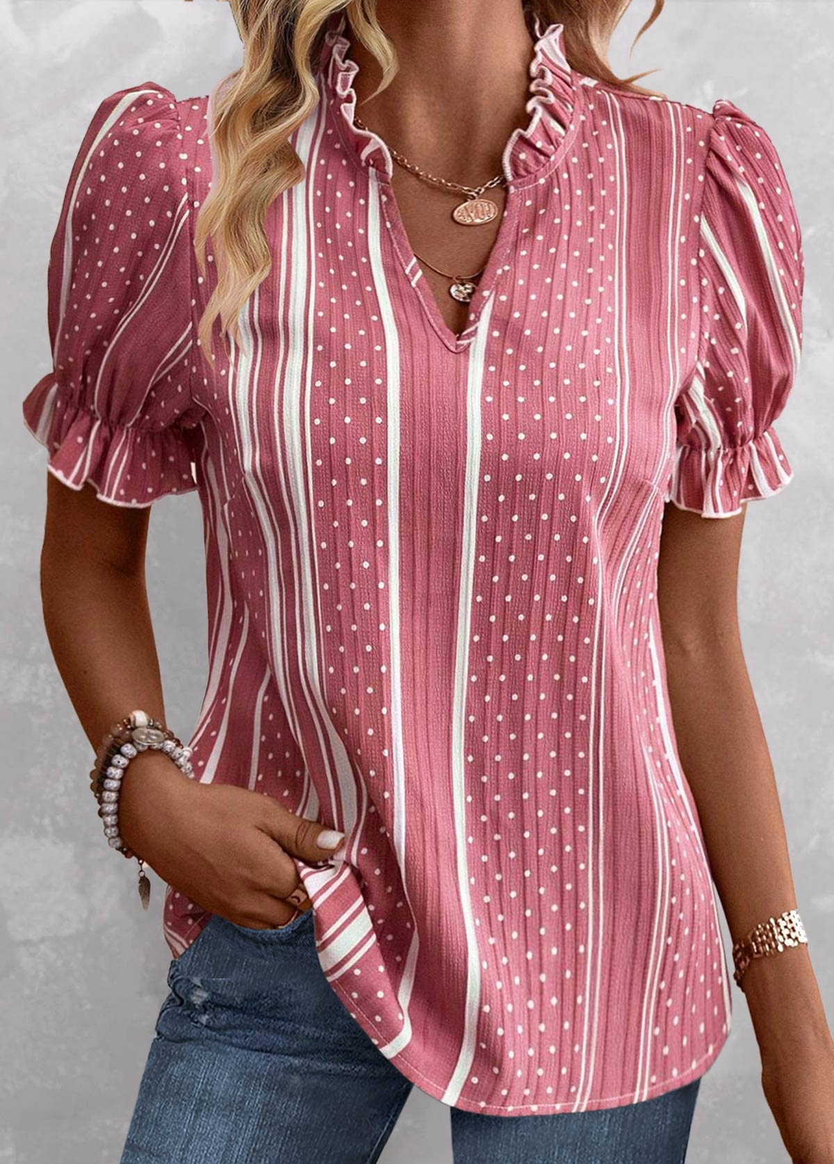 Pink Frill Striped Short Sleeve Split Neck Blouse | modlily.com - USD 29.98