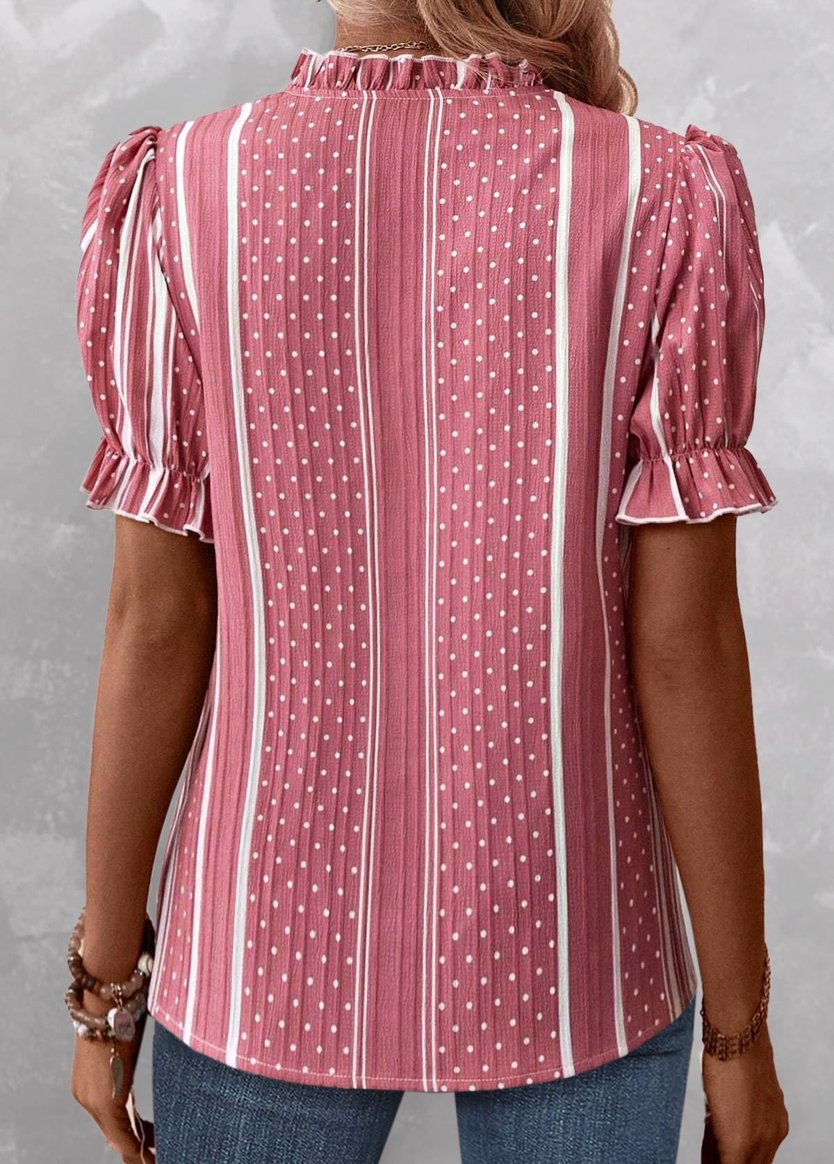 Pink Frill Striped Short Sleeve Split Neck Blouse