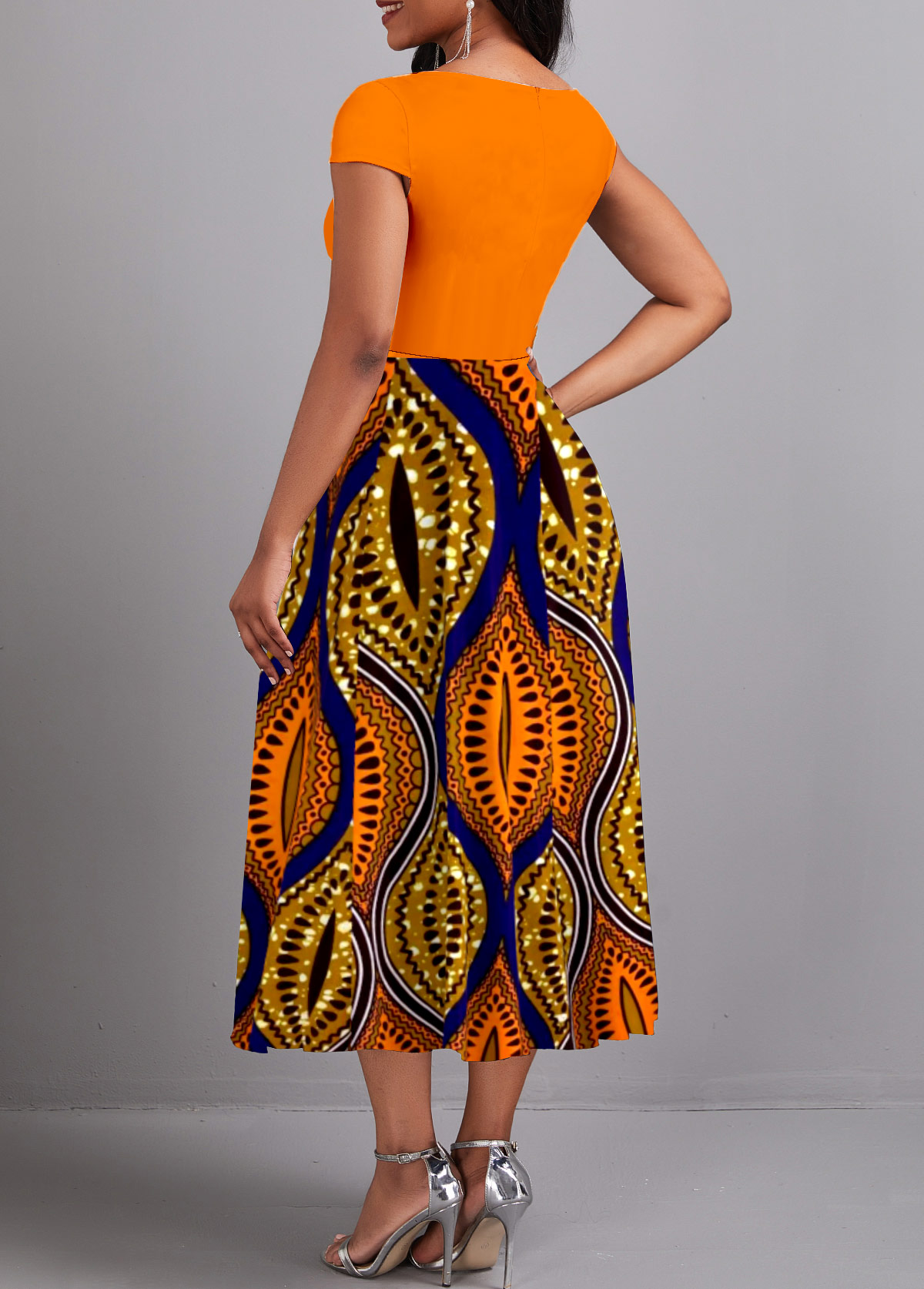 Orange Umbrella Hem Tribal Print Short Sleeve Dress