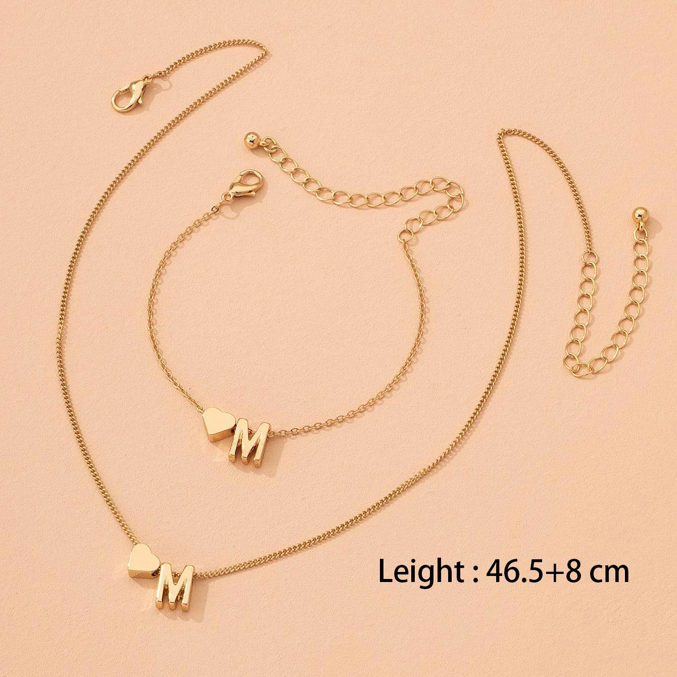 Vintage Metal Heart Letter Gold Necklace and Bracelet