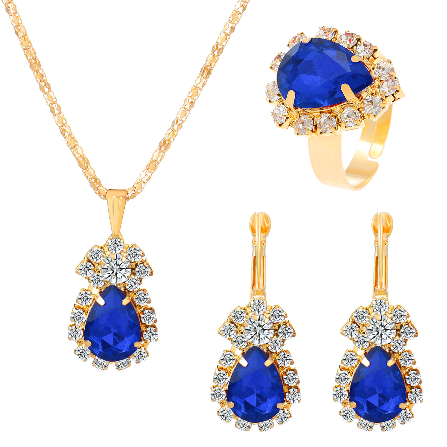 Royal Blue Waterdrop Design Rhinestone Detail Necklace Set