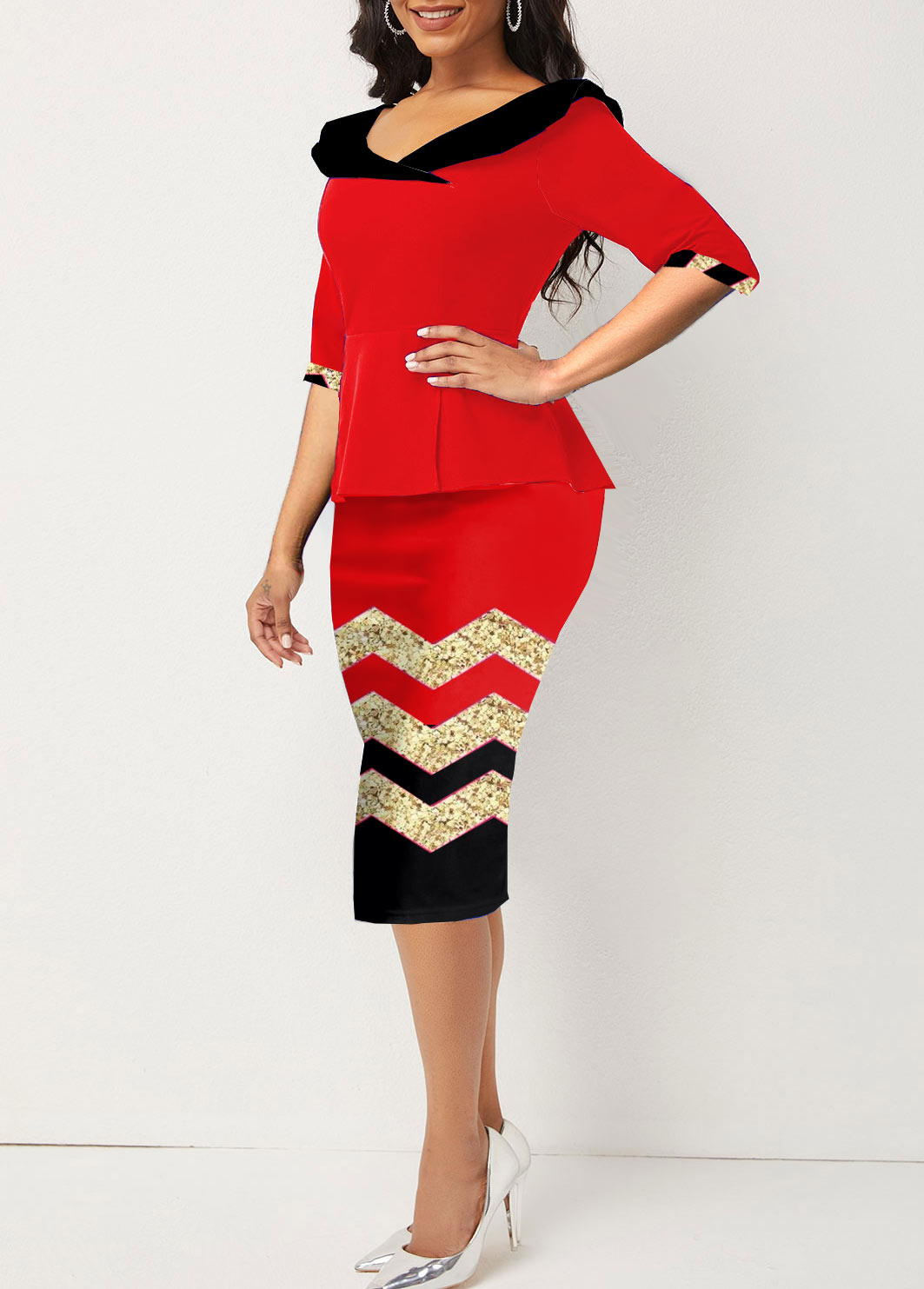 Red Fake 2in1 Geometric Print Bodycon Dress