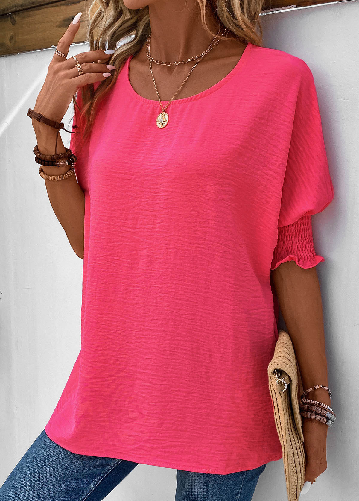 Hot Pink Smocked Half Sleeve T Shirt